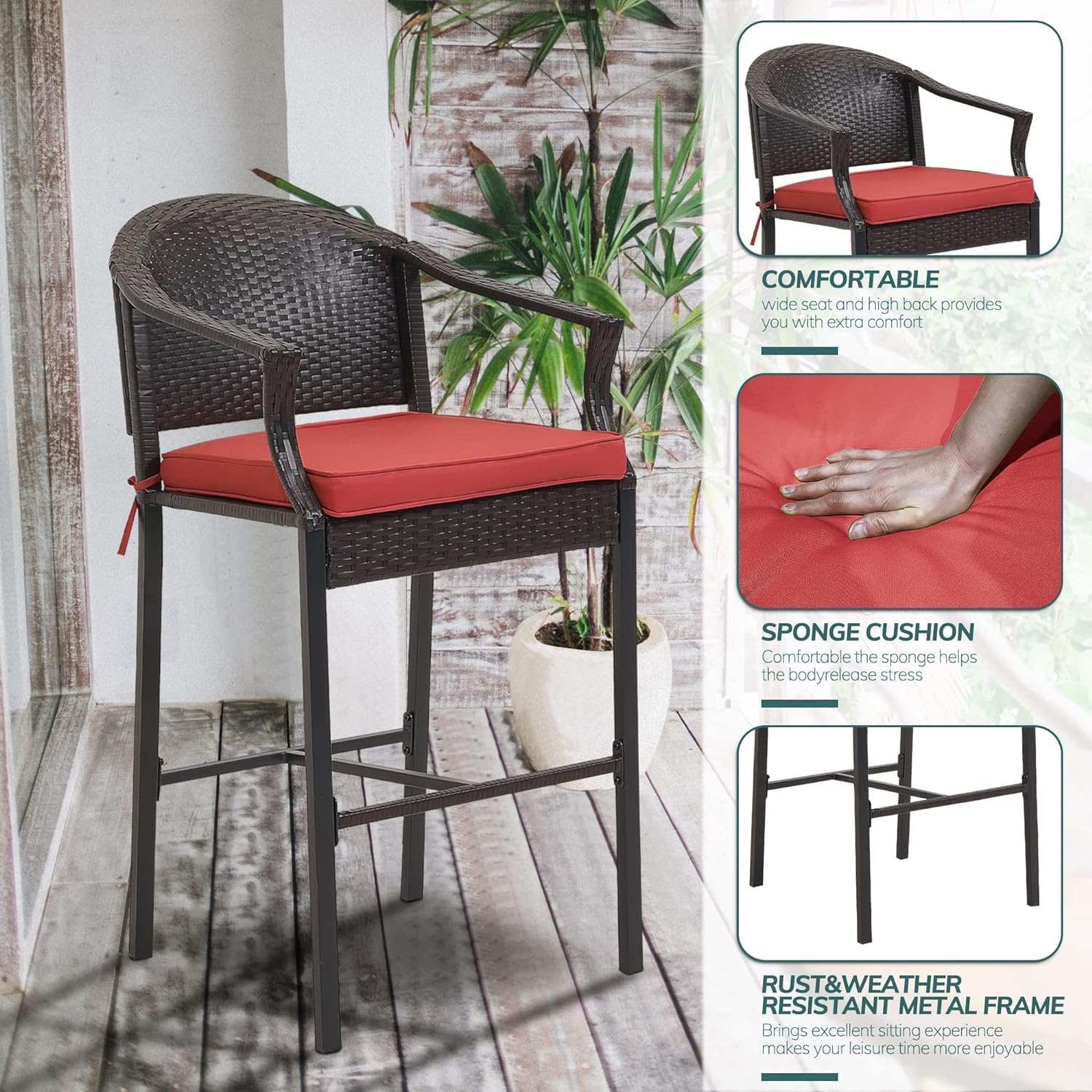 3-Piece Patio Bar Set with Rattan Bar Height Table & Chairs - Wicker Outdoor Furniture for Backyard, Poolside, Balcony - Includes Barstools & Red Cushions - Perfect for Outdoor Entertaining, Lounging & Relaxation