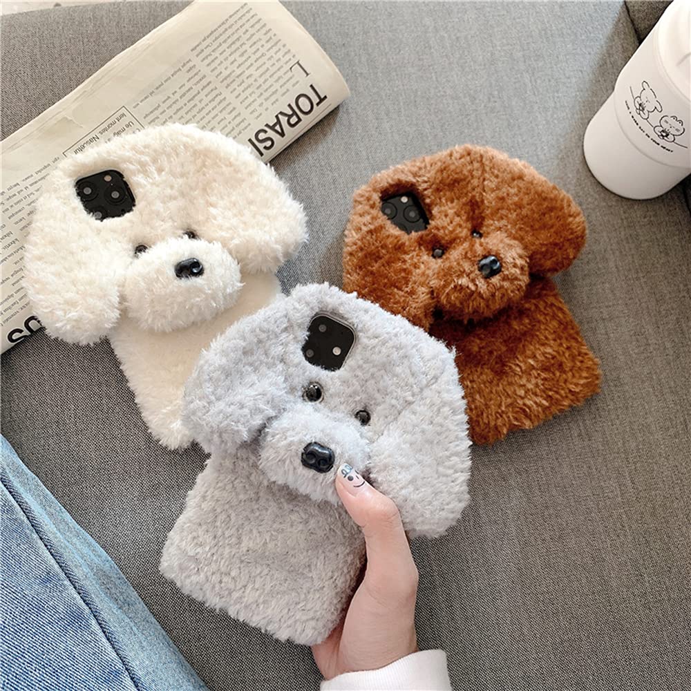 UnnFiko Fluffy Teddy Bear Dog Phone Case for iPhone 11 Pro Max - Soft Plush Fuzzy Warm Winter Protective Cover with TPU Bumper (Teddy White) - Perfect for Cold Weather, Gift Giving & Pet Lovers