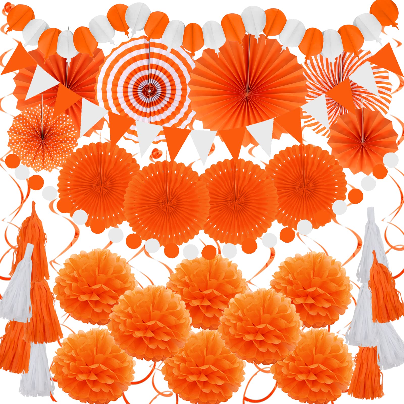 Orange Party Decorations - 41Pcs Tissue Fans & Pompoms for Halloween, Wedding, Birthday