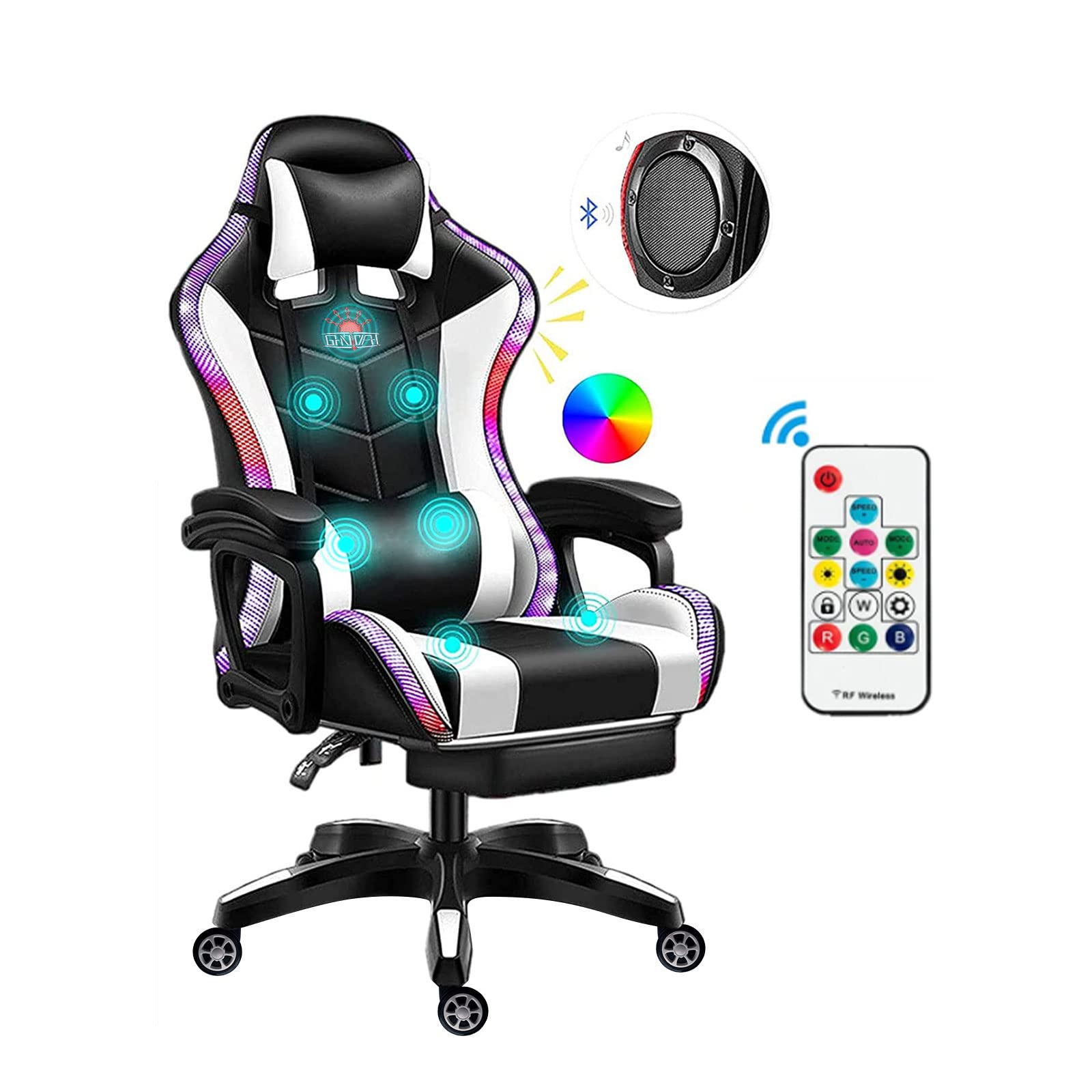TBQATNTS Ergonomic Gaming Chair with Built-in Bluetooth Speakers & RGB LED Lights - Adjustable Headrest, Lumbar Support & Armrests - Rolling Office Chair for Teens & Adults - Perfect for Home Gaming Setup & Workstation (White)