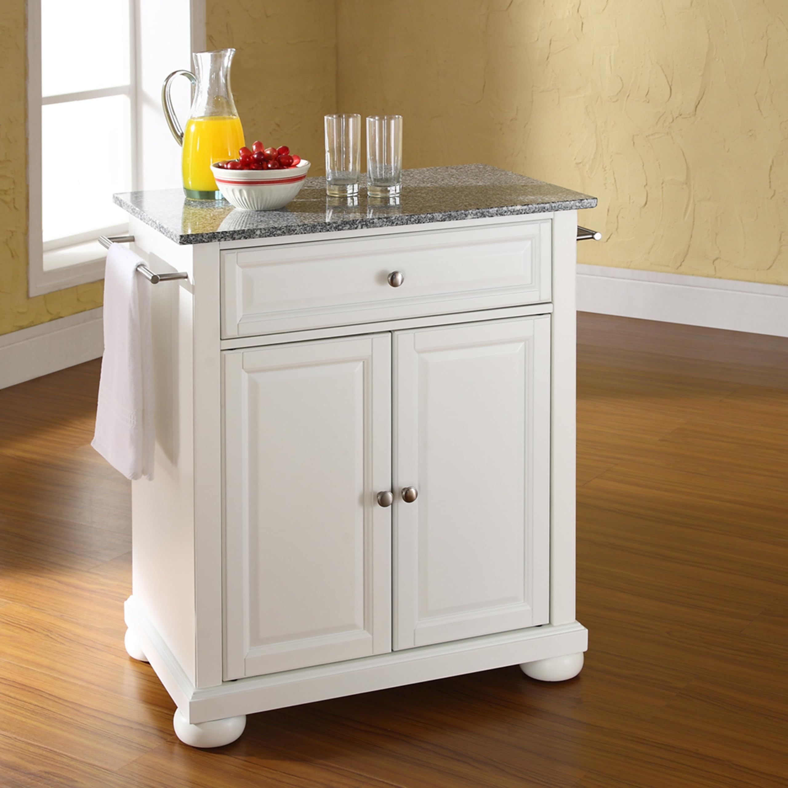 Crosley Alexandria Granite Top Portable Kitchen Island Cart with Wheels - White | Microwave Stand, Storage Cabinet, Rolling Kitchen Cart for Small Spaces | Perfect for Apartments, Dorms & Compact Kitchens