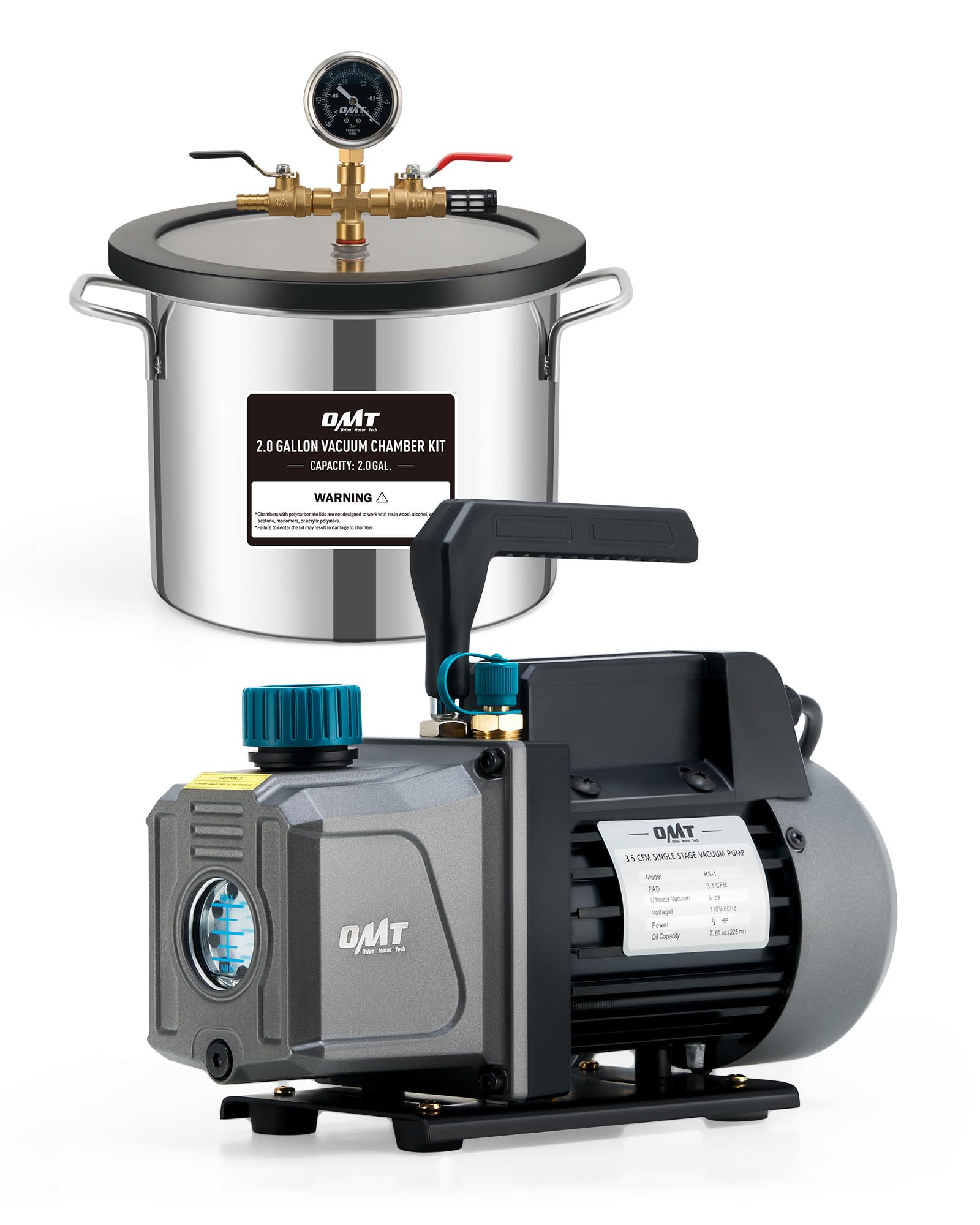Orion Motor Tech 2 Gallon Vacuum Chamber Kit with 3.5 CFM Vacuum Pump, Tempered Glass Lid & 5ft Hose - Perfect for Wood Stabilization, Silicone Resin Degassing, Epoxy Casting & DIY Projects