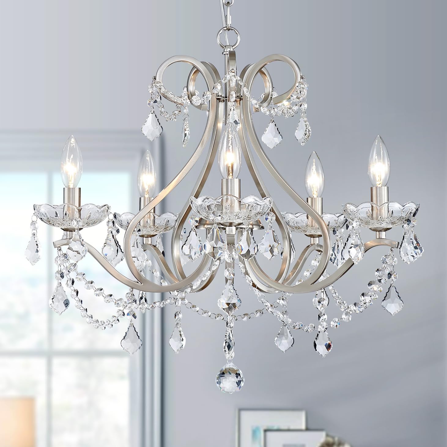WUZUPS Modern 5-Light Crystal Chandelier Flush Mount Ceiling Light Fixture - Brushed Nickel Finish, E12 Base, 20.9
