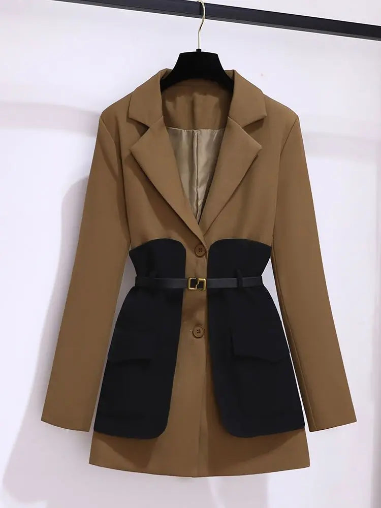 2023 Women's Spring Patchwork Belted Jacket & Pants Suit - Elegant Office Blazer Set for Business Casual Outfits | Professional Workwear & Stylish Business Attire