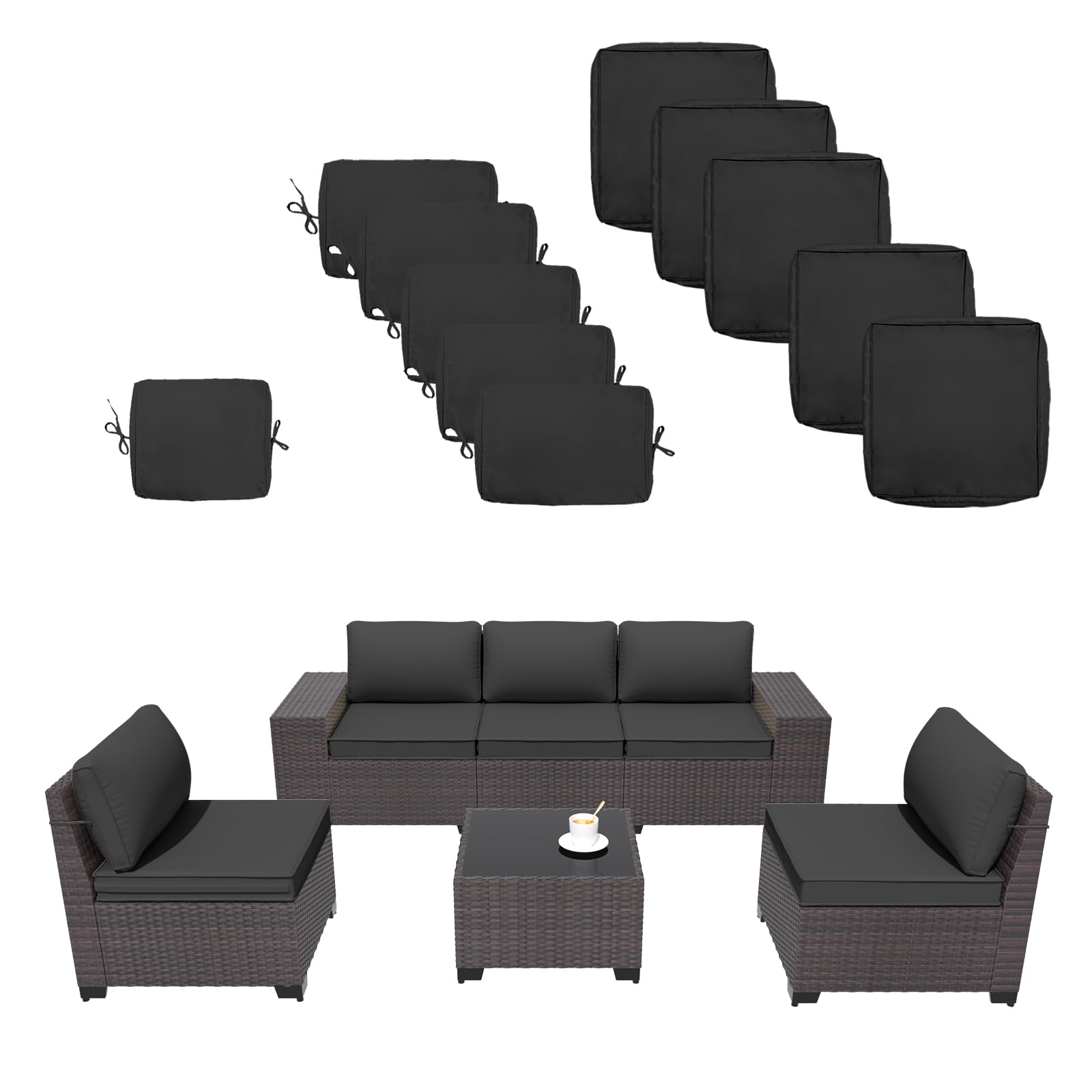 11-Piece Waterproof Outdoor Cushion Covers Set - Durable Zippered Replacement Covers for 6-Piece Patio Furniture (Black) - Perfect for Garden, Deck, Poolside & Outdoor Lounge Areas