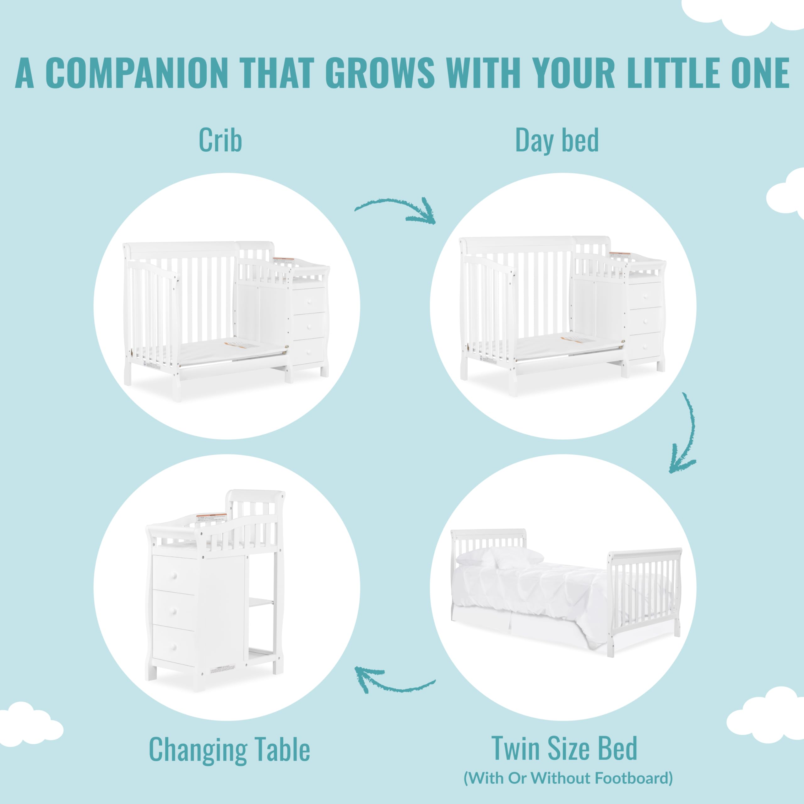 Dream On Me Jayden 4-in-1 Mini Convertible Crib & Changer - White | Greenguard Gold Certified | Non-Toxic New Zealand Pinewood | 1