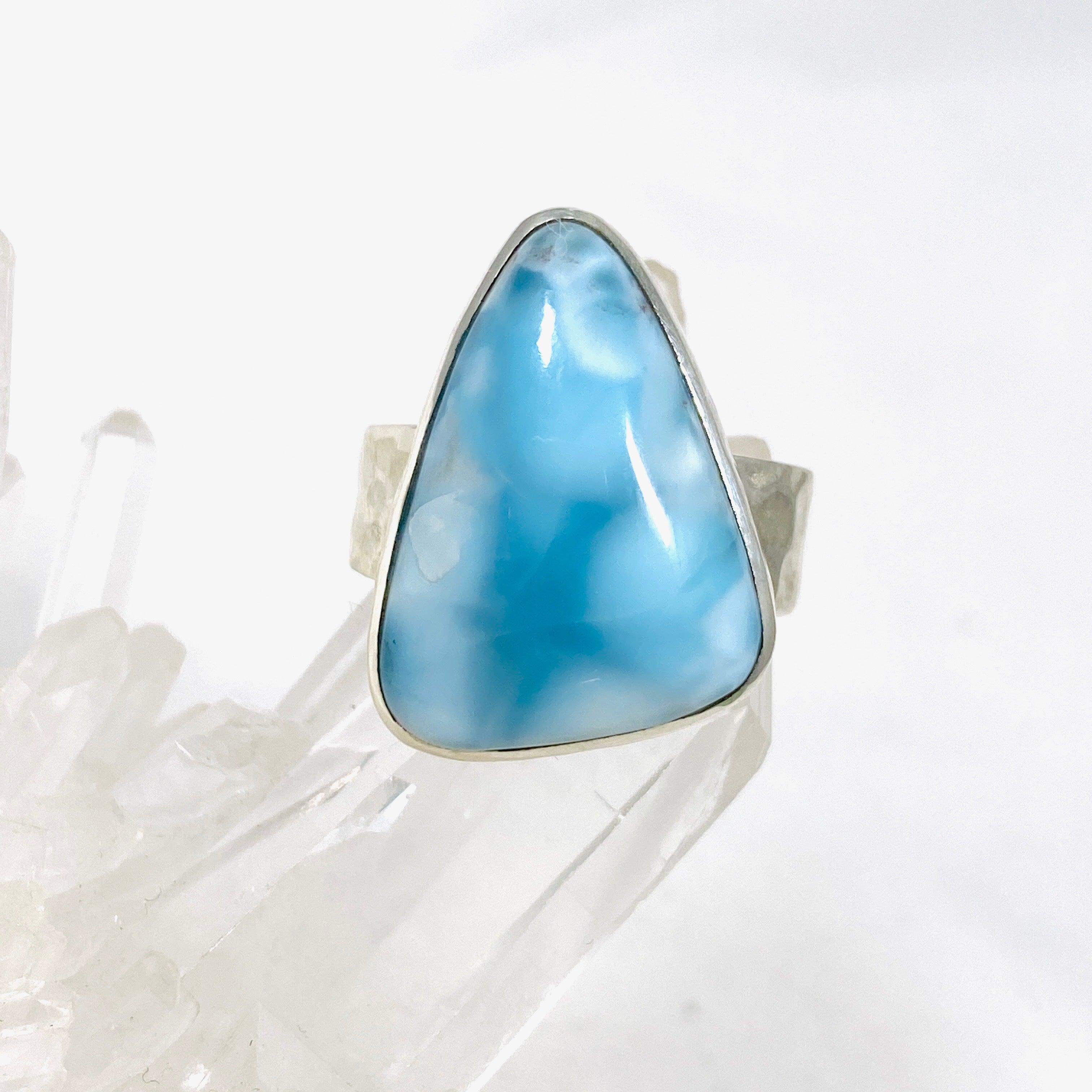 Larimar Triangular Ring with Hammered Band - Size 11 Sterling Silver Jewelry KRGJ3101 | Perfect for Boho Fashion, Beach Weddings & Gift Giving