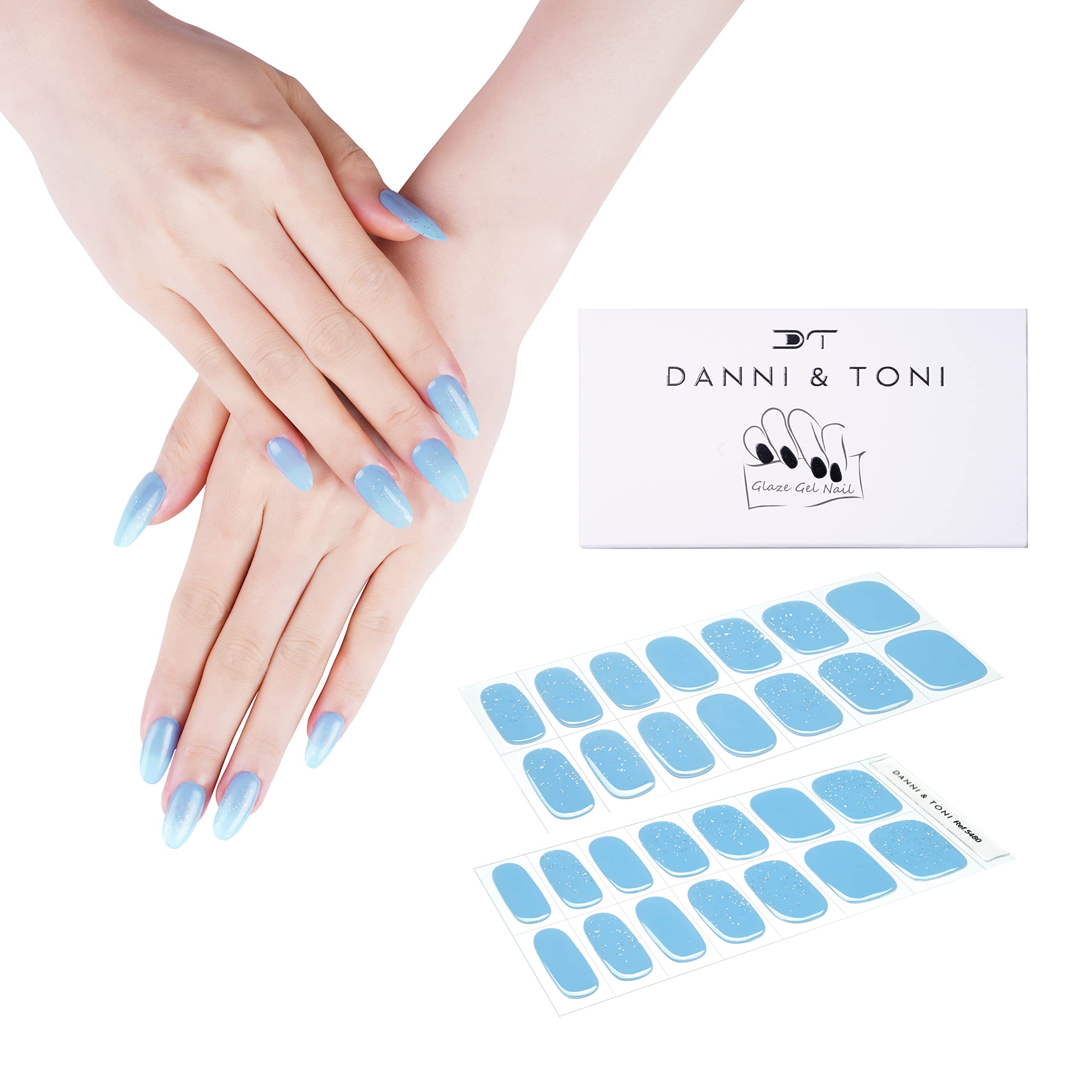 DANNI & TONI Semi-Cured Gel Nail Strips - Blue Glitter Nail Stickers (Sparkling Water) 28-Pack | DIY Salon-Quality Manicure at Home for Parties & Special Occasions