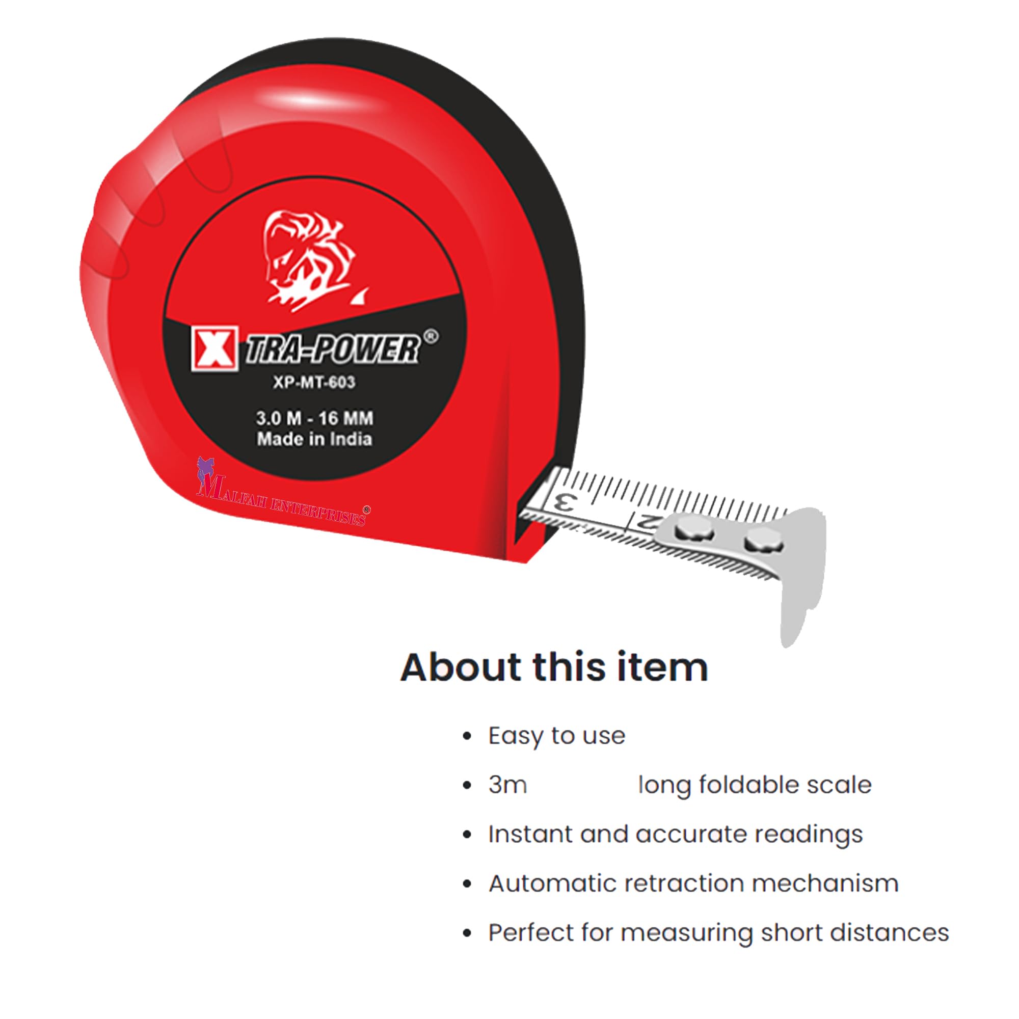 Malfah 3m Carbon Steel Measuring Tape with Belt Clip - Heavy Duty White Retractable Tape Measure for Construction, DIY, and Tailoring | Accurate & Durable Measuring Tool