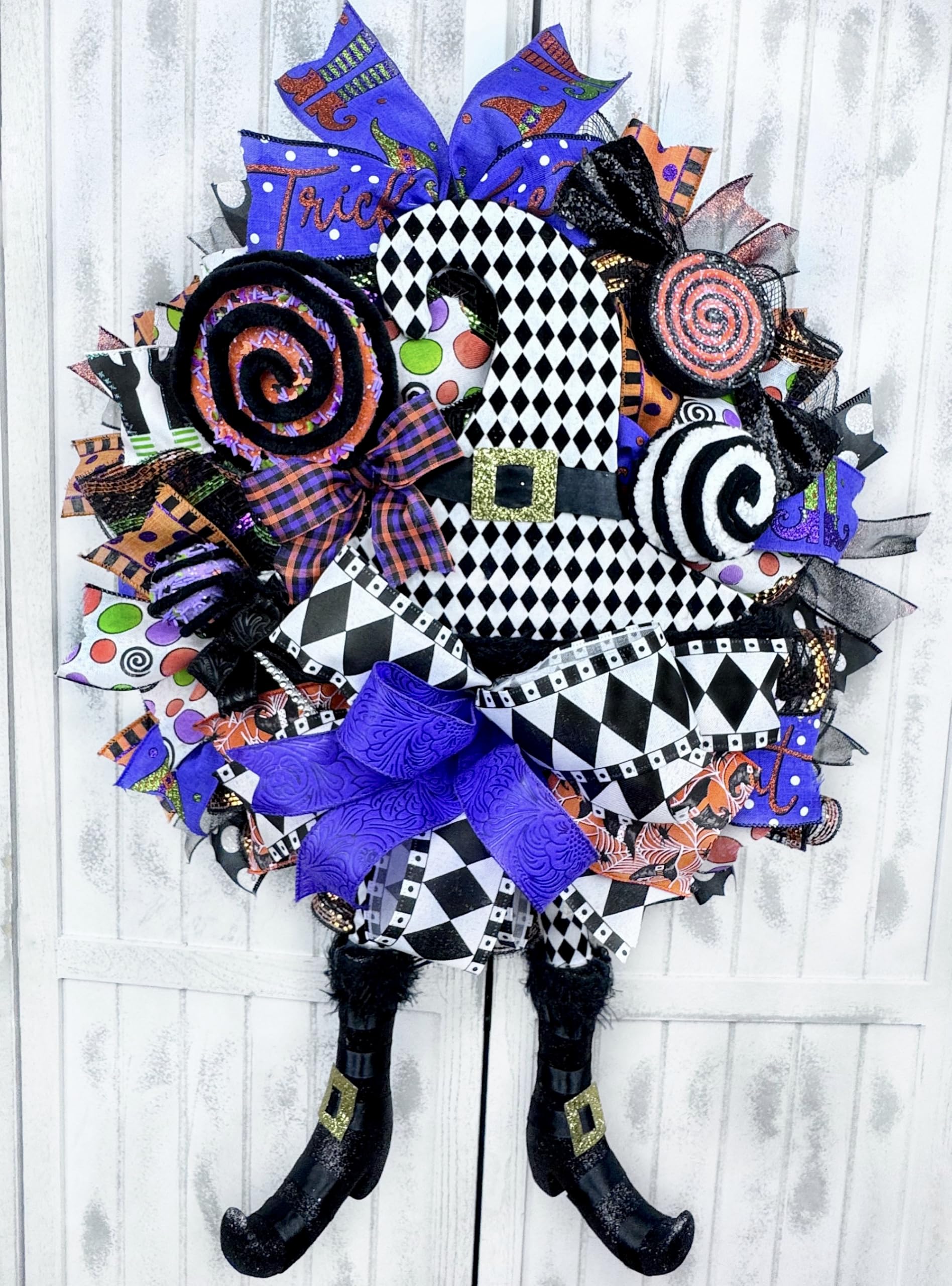 Handmade Halloween Witch Hat & Legs Wreath with Lollipop, Candy, Cake Pop, and Ball Ornament - Spooky Front Door Decor for Halloween Party, Trick or Treat, Home & Outdoor Halloween Decorations