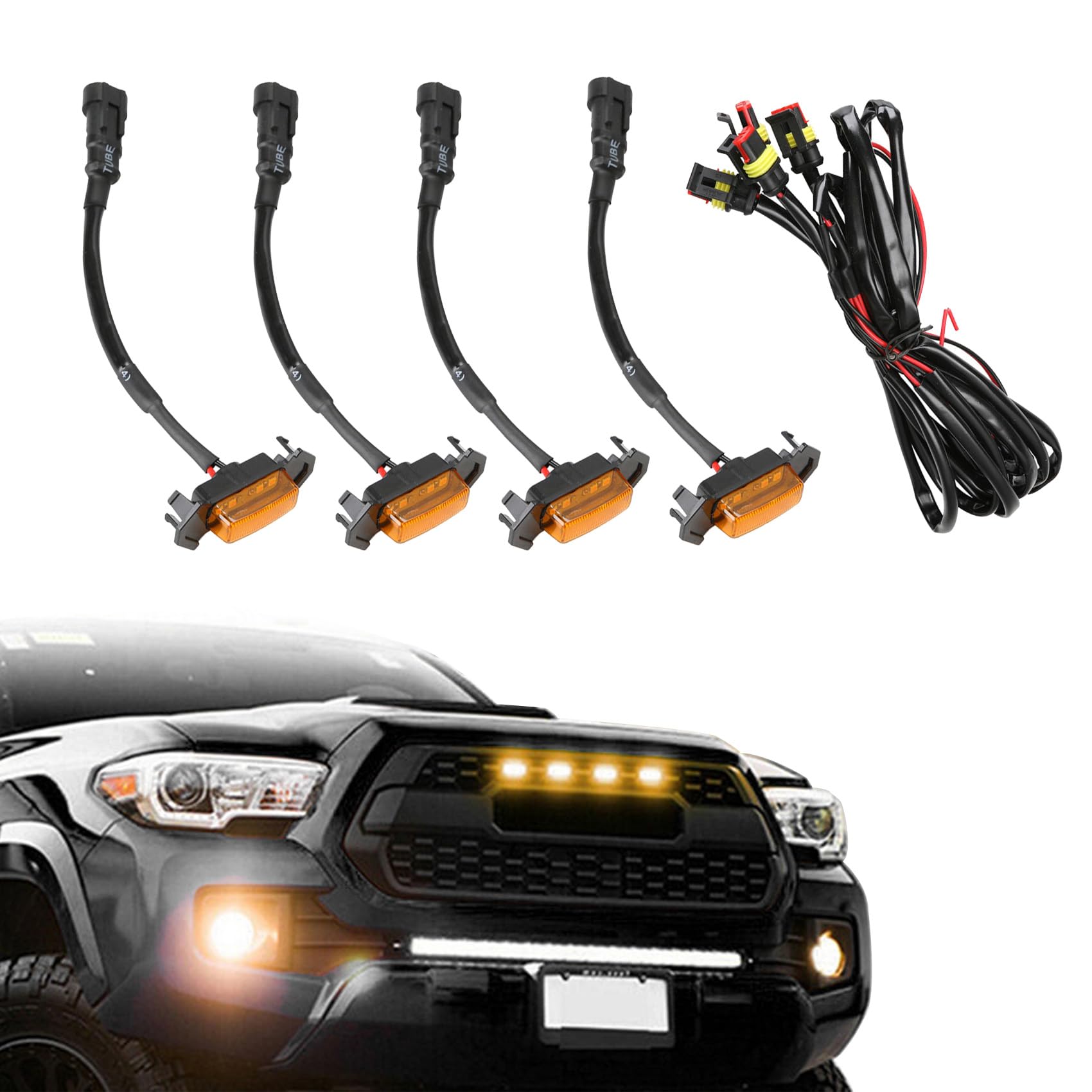 ASUBHA 4PCS LED Amber Lights - Super Bright Grill Lights with Wiring Harness, Waterproof Front Grille Car Accessories for 2016-2019 Toyota Tacoma TRD PRO | Perfect for Off-Roading, Night Driving & Truck Customization