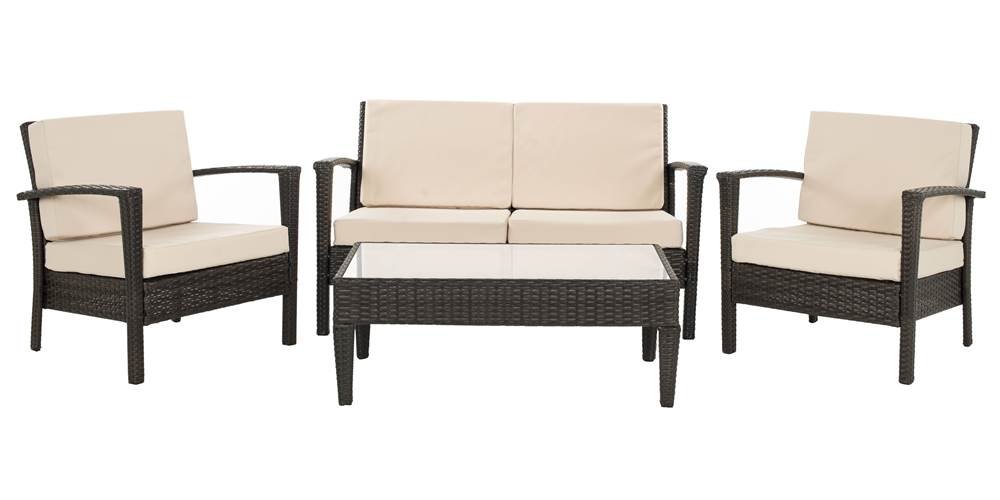 Safavieh Outdoor Collection Piscataway 4-Piece Wicker Patio Set in Brown, Beige & Linen Grey - Perfect for Garden, Backyard & Poolside Relaxation