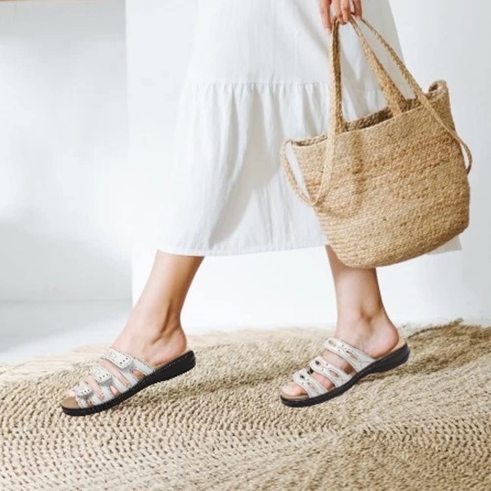 Women's Classic Leather Sandals with Arch Support - Adjustable Hook & Loop Straps Slip-On Casual Shoes for Outdoor Walking, Travel & Summer Comfort