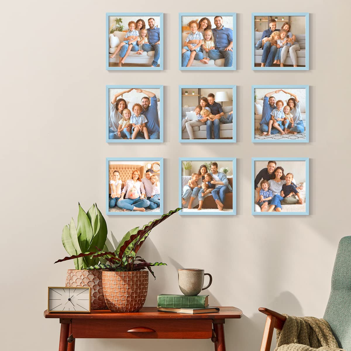 Custom 8x8 Photo Prints Set of 9 with Wood Frames - Blue Peel & Stick Collage for Home Decor