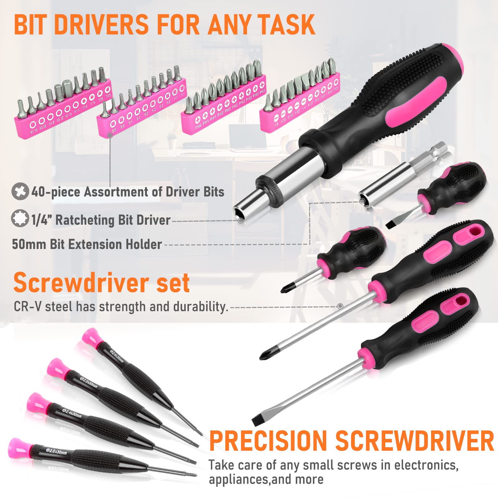 THINKWORK 207-Piece Pink Tool Set for Women - Portable Home Repair Tool Kit with 13'' Wide Mouth Storage Bag | DIY Projects, Household Maintenance | Perfect Christmas Gift for Her | LHTS-034 | Ideal for Home Improvement, Apartment Fixes & Crafting Projects