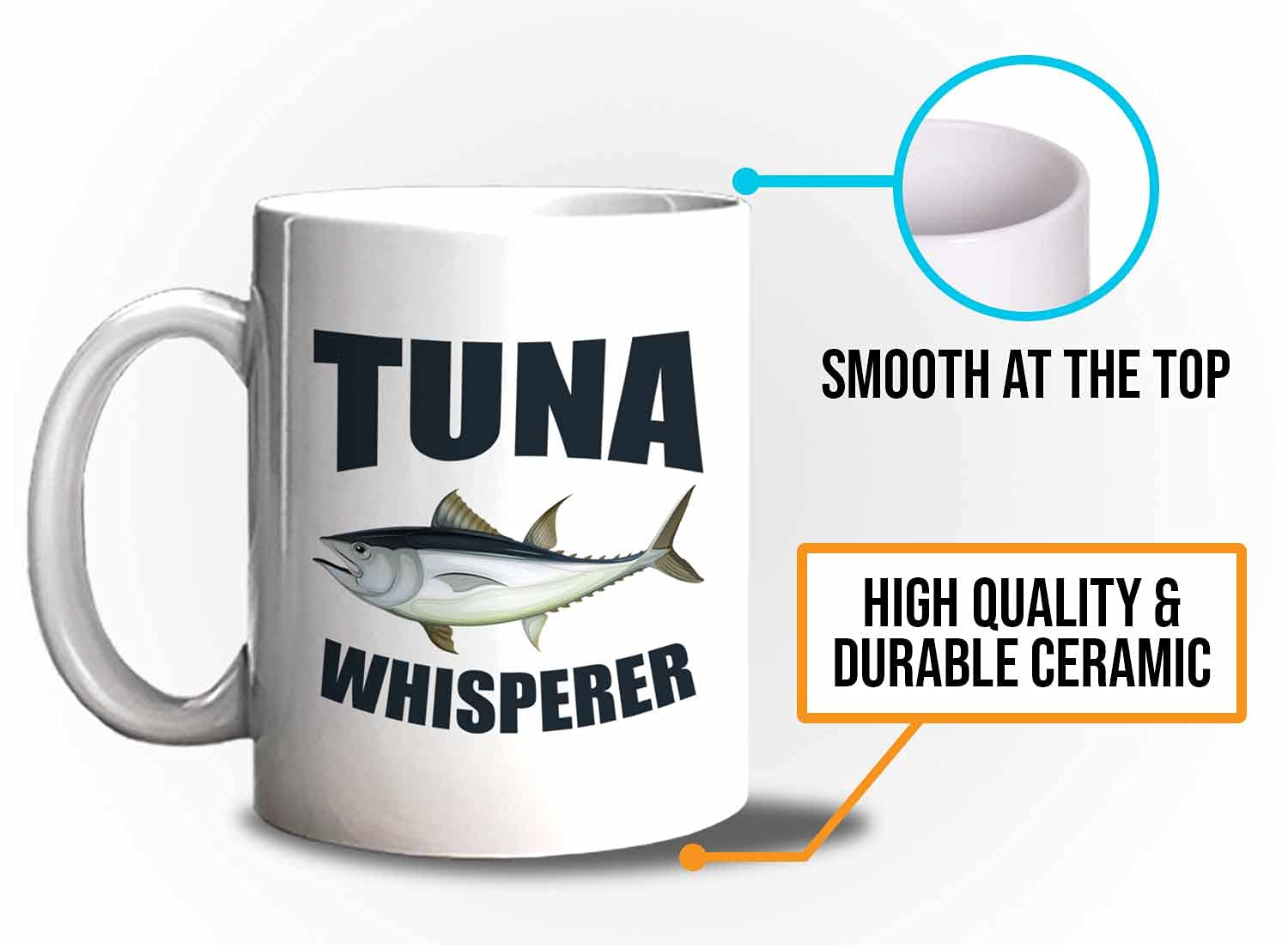 Bubble Hugs Fisherman Coffee Mug 11oz White - Funny Tuna Whisperer Design - Perfect Gift for Anglers & Fishing Enthusiasts - Great for Coffee, Tea or Beer While Fishing, Camping or Outdoor Adventures