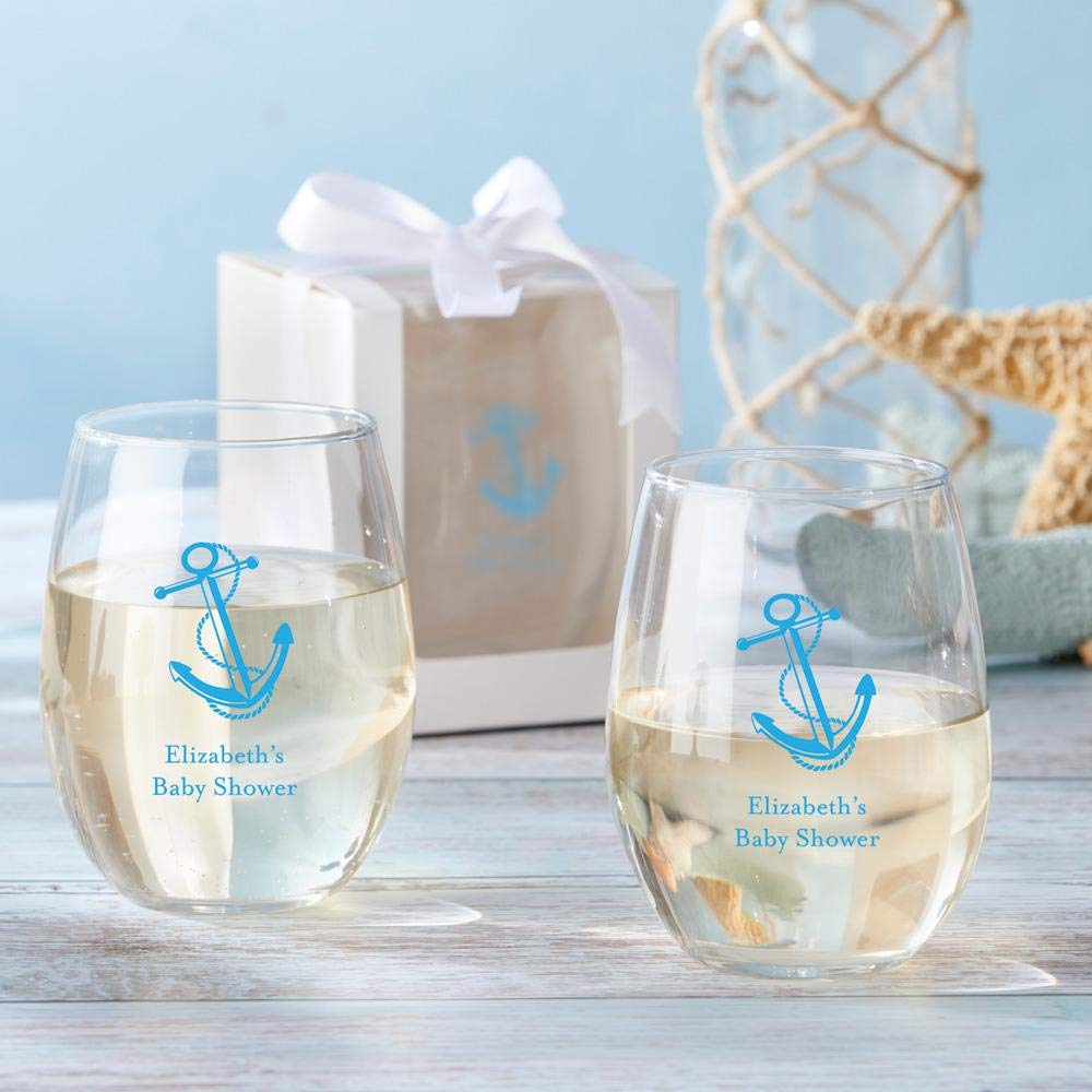 Kate Aspen Personalized 15 oz. Stemless Wine Glass Set - 72pcs Light Blue Custom Text Drinking Glasses for Baby Shower Party Favors, DIY Wedding & Bridal Shower Decor - Perfect for Celebrations & Gifts