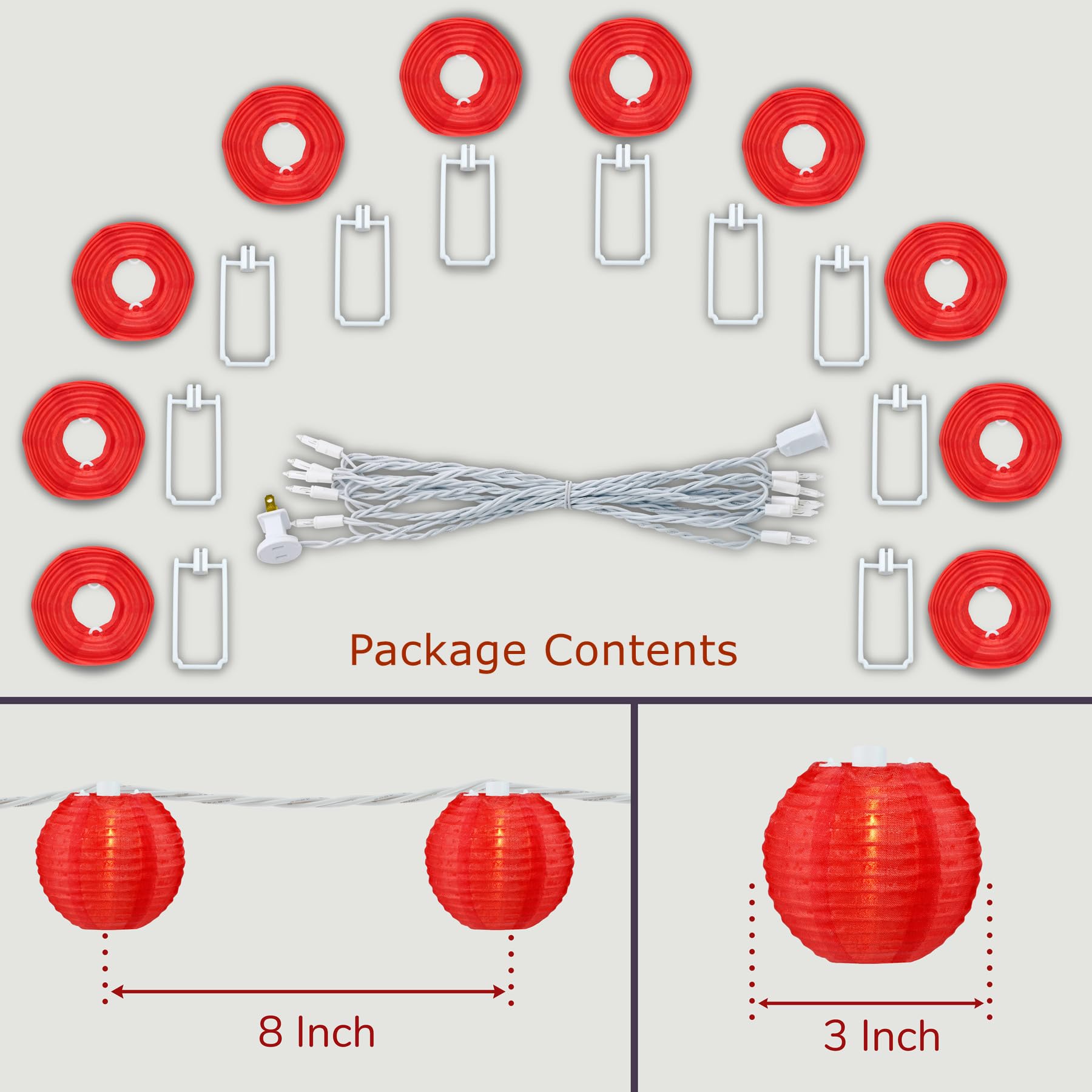 Waterproof Red Lantern String Lights - 10 Nylon Hanging Lanterns with 8.7ft UL Certified Connectable Plug-in Lights for Outdoor Patio, Garden, Wedding & Party Decorations