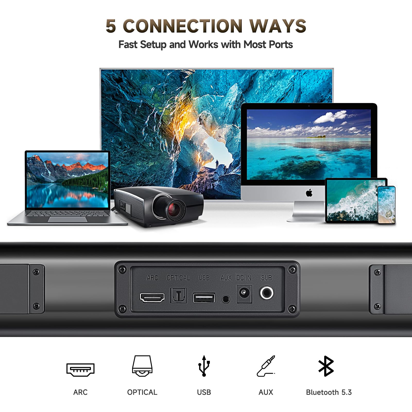 Premium Bluetooth Sound Bar with Subwoofer - Wireless TV Speaker System, 2.1CH Home Theater Audio with HDMI(ARC), Optical, AUX & USB - Wall Mountable for TVs & PCs (Carbon Black) - Perfect for Movie Nights, Gaming & Music Streaming