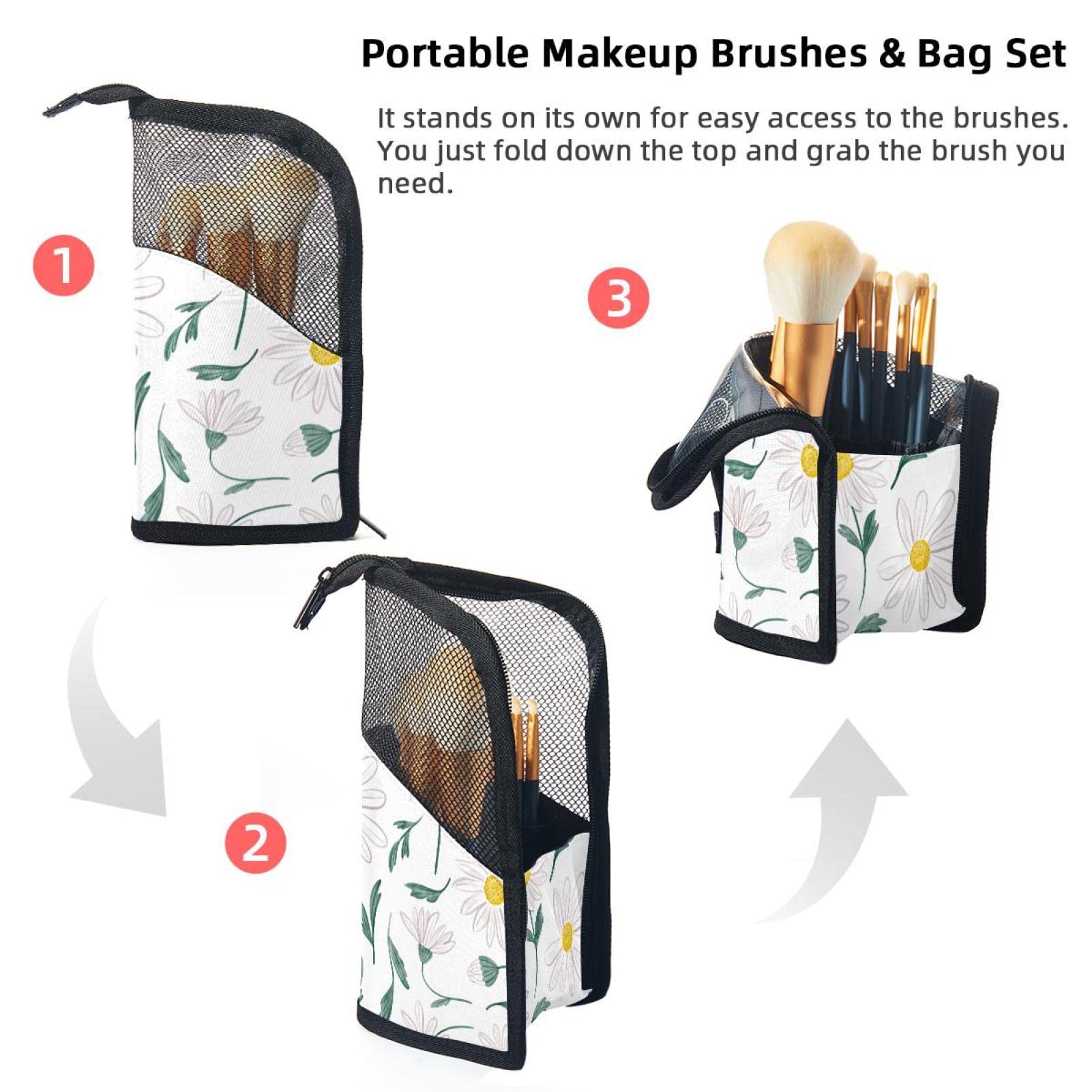 12-Piece Makeup Brush Organizer Bag with Tropical Daisy Floral Design - Portable Waterproof Cosmetic Brush Holder Case for Travel, Home & Professional Makeup Storage