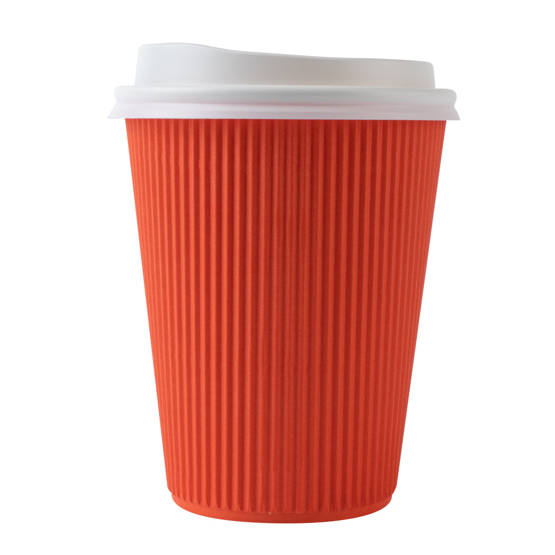 12 oz Tangerine Orange Ripple Wall Paper Coffee Cups with White Lids - 200 Count Bulk Pack (3.5