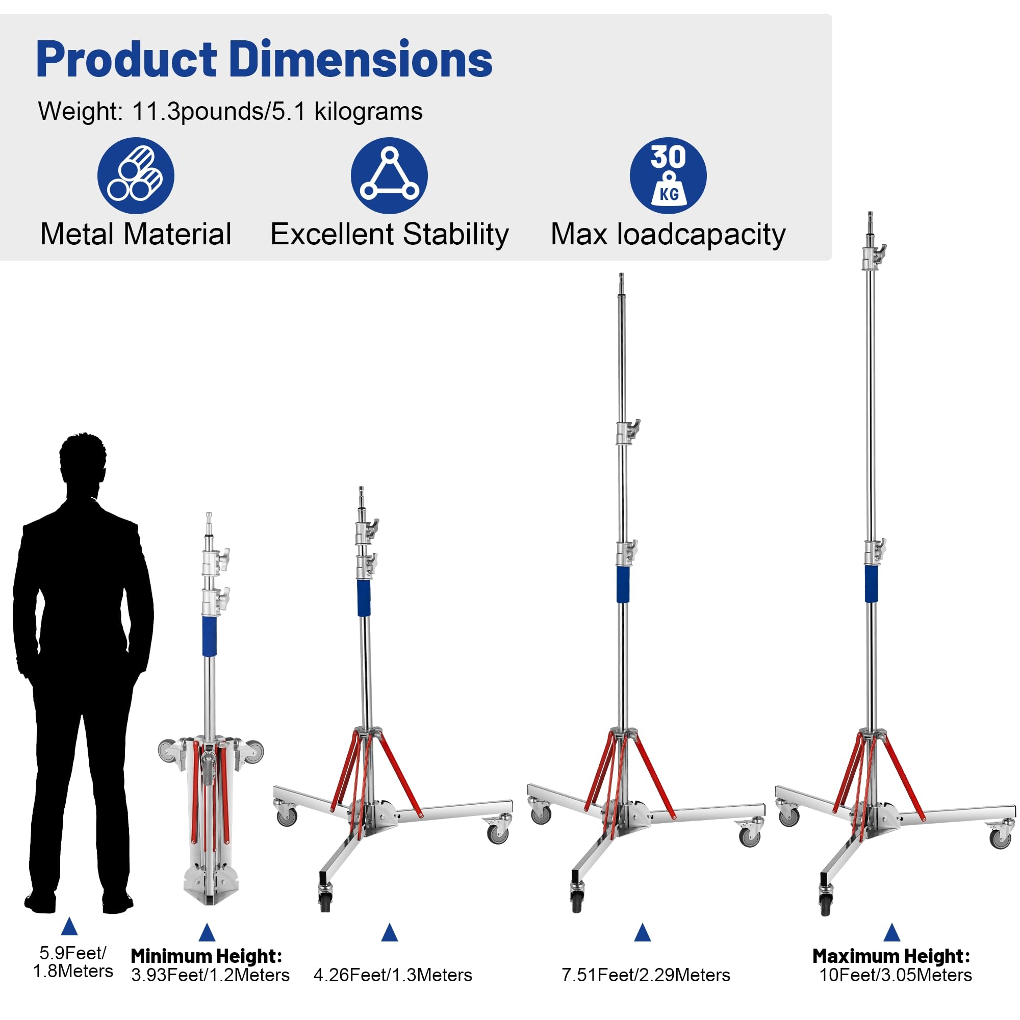Heavy Duty Adjustable C Stand with Wheels - 10ft/305cm Stainless Steel Photography Light Stand for Studio Monolight, Softbox & Reflector - Perfect for Photo Studios, Film Sets & Video Production