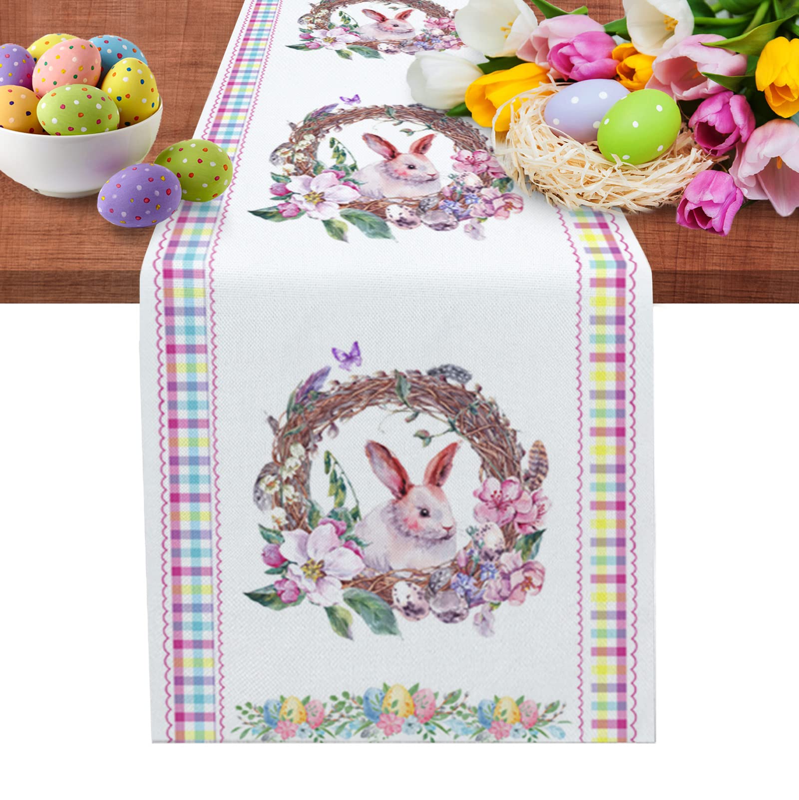 Easter Table Runner 70 Inches Long - Watercolor Bunny Wreath Farmhouse Style, Colorful Checkered Dining Table Runner for Coffee Table, Kitchen Island, Party Decor - 13