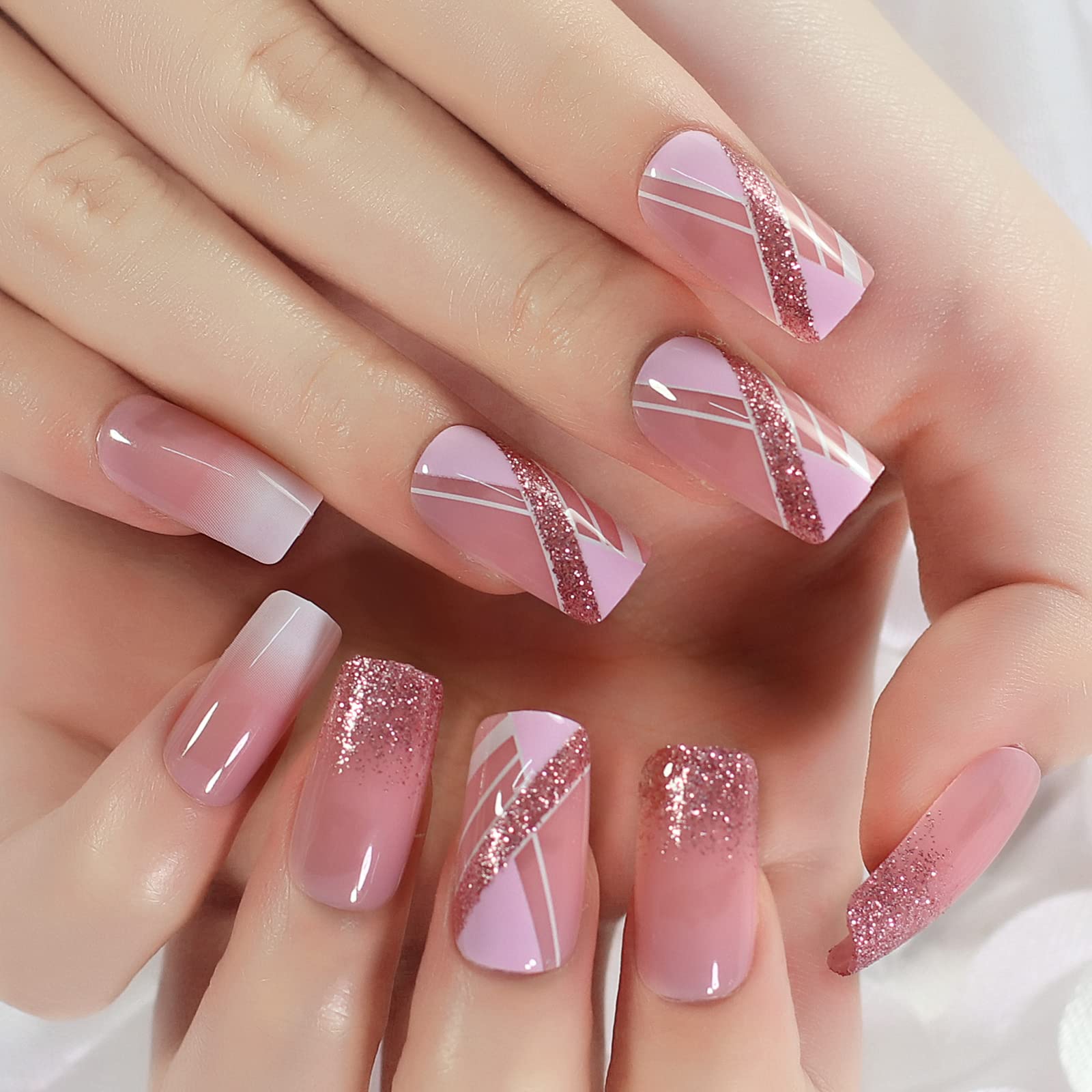 Pink Glitter French Line Geometry False Nails - Medium Square Glossy White Squoval Press On Nails (24 pcs/Kit) for Parties, Weddings & Special Occasions
