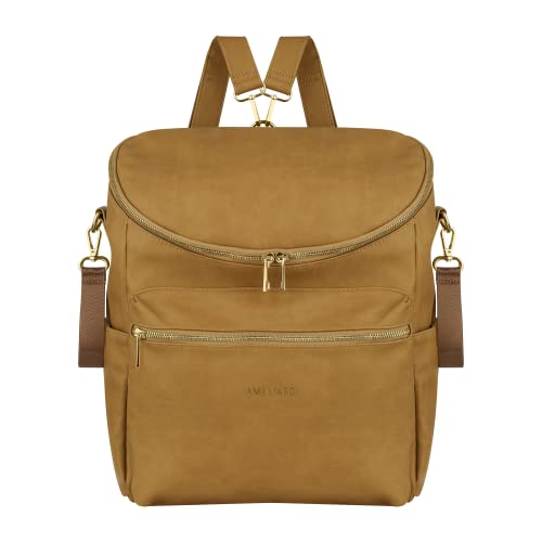 AMILLIARDI Diaper Bag Backpack for Moms - Large Vegan Leather Baby Bag with 2 Insulated Bottle Pockets & Detachable Stroller Straps - Perfect for Travel, Daycare & Outings - Caramel Color
