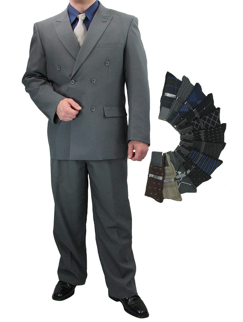 Premium Sharp Hand Tailored 2-Piece Men's Double Breasted Dress Suit with 1 Pair of Socks - Formal Business Attire for Weddings, Office & Special Occasions
