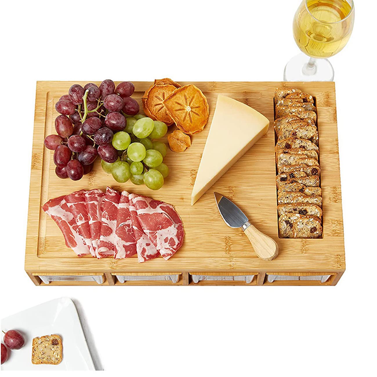 Premium Bamboo Cutting Board with Storage Containers & Lids - 4-in-1 Kitchen Chopping Station with Juice Grooves, 4 Multi-Functional Graters & Food Sliding Opening - Perfect for Meal Prep, Cooking & Entertaining