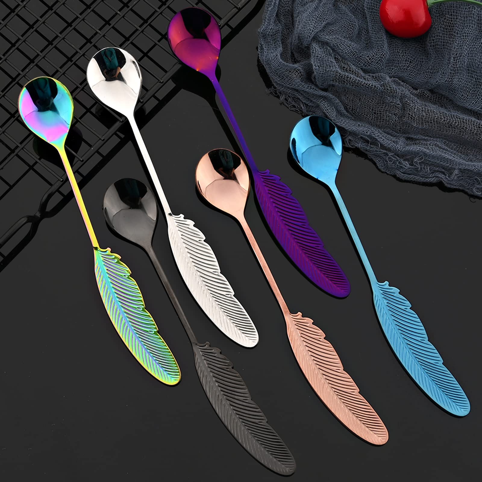 JASHII 8-Piece 304 Stainless Steel Silver Feather Coffee Spoon and Appetizer Fork Set - Mini Dessert Utensils for Stirring, Mixing, Fruit, Cake, Coffee, Tea - Perfect for Home, Cafe, Restaurant, and Party Use