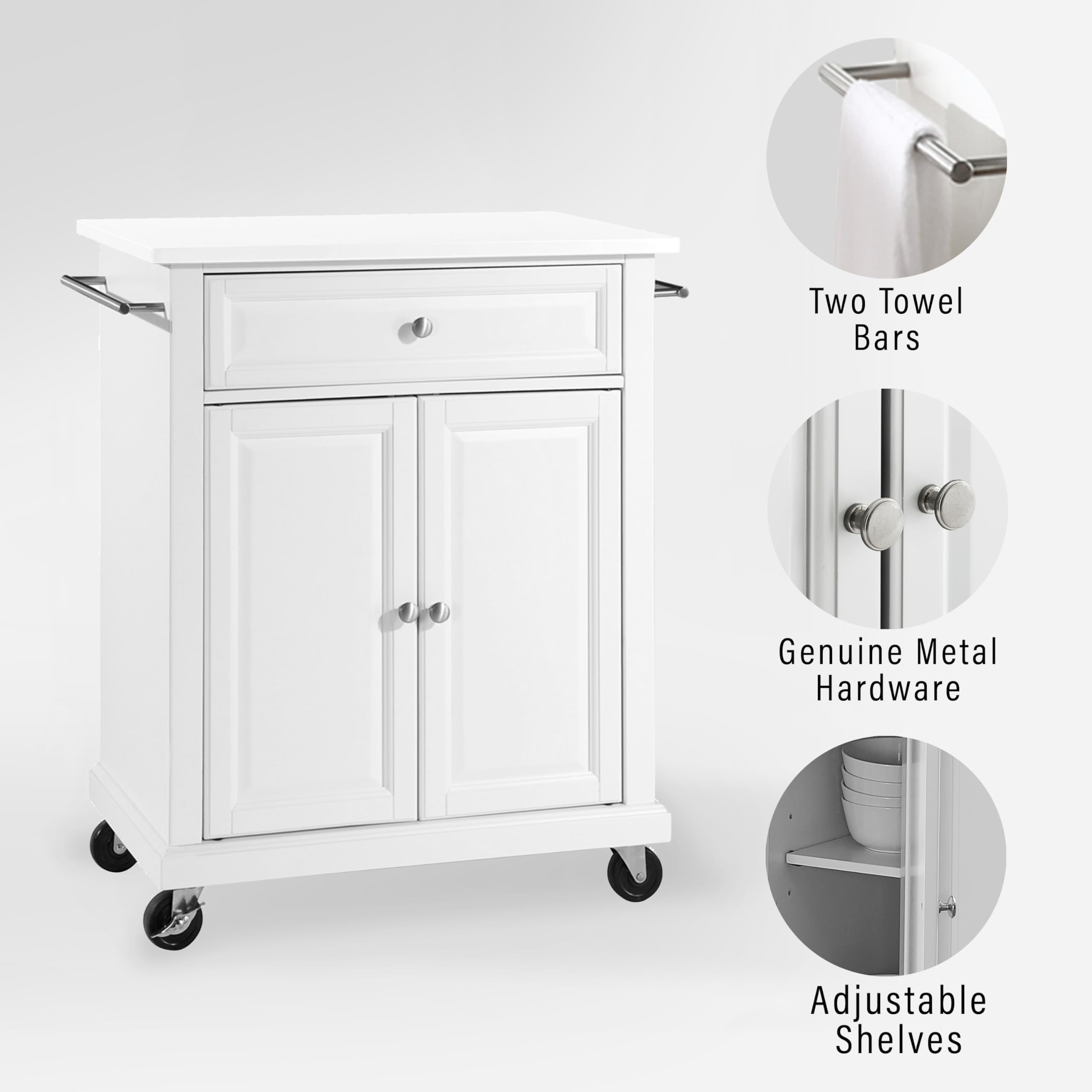 Crosley White Compact Rolling Cart with Stone Top & Shelves - Microwave Stand, Towel Rack, Small Kitchen Island for Apartments, Dorms & Office Spaces