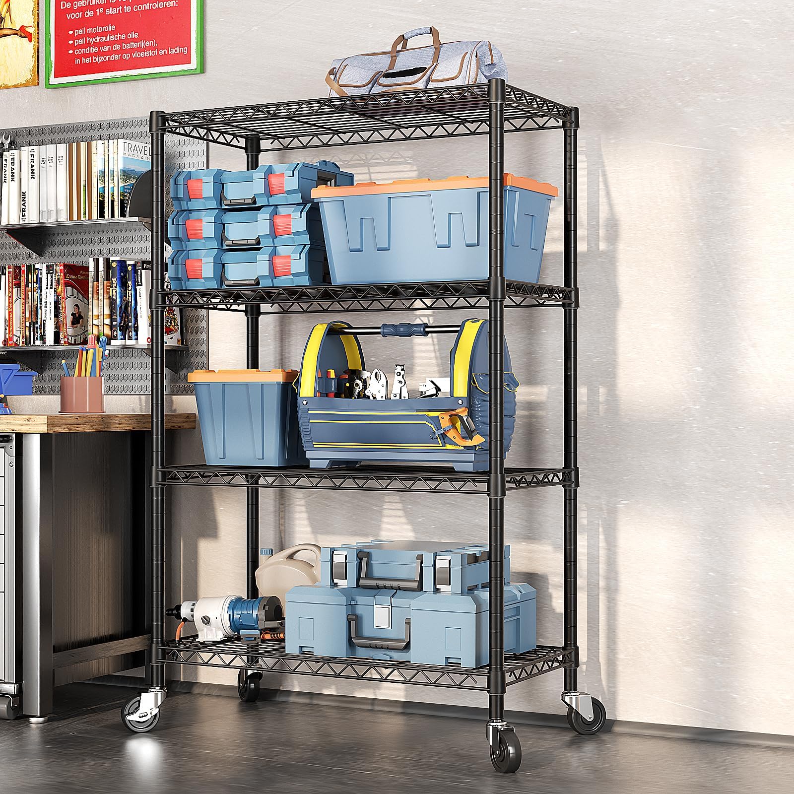 SINGAYE 4-Tier Adjustable Heavy Duty Storage Shelf with Wheels - 14