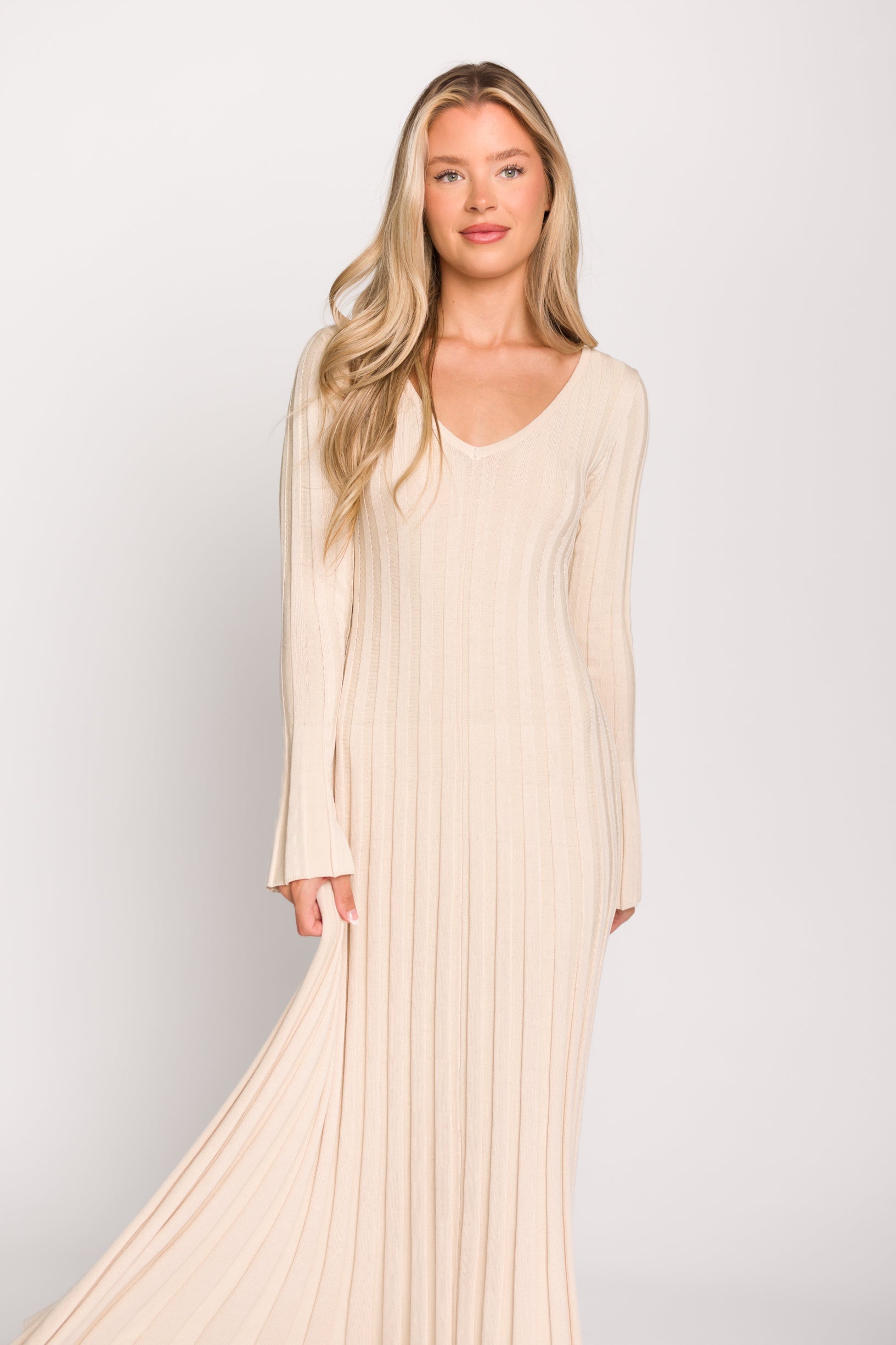 Hadley Long Sleeve V Neck Knit Maxi Dress in Cream Taupe - Elegant Women's Casual Maxi Dress for Fall & Winter, Perfect for Office, Date Night and Holiday Parties