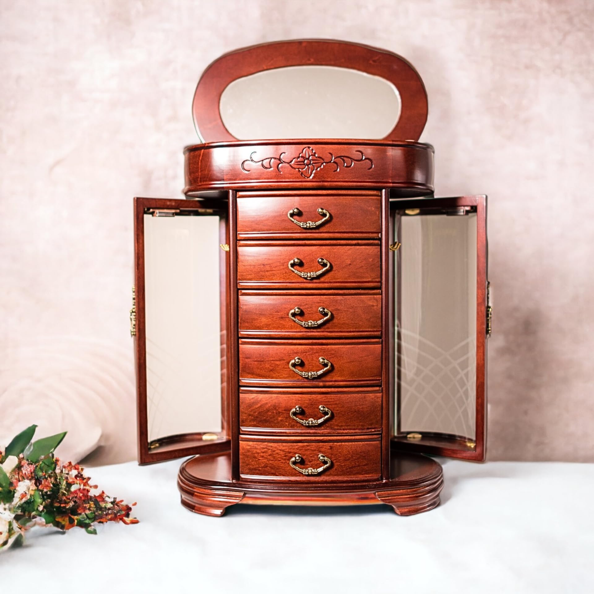 Patricia Etched Glass Mahogany Jewelry Box with Hives & Honey Design - Elegant Jewelry Storage for Necklaces, Rings & Earrings - Perfect for Bedroom Vanity, Dresser or Gift
