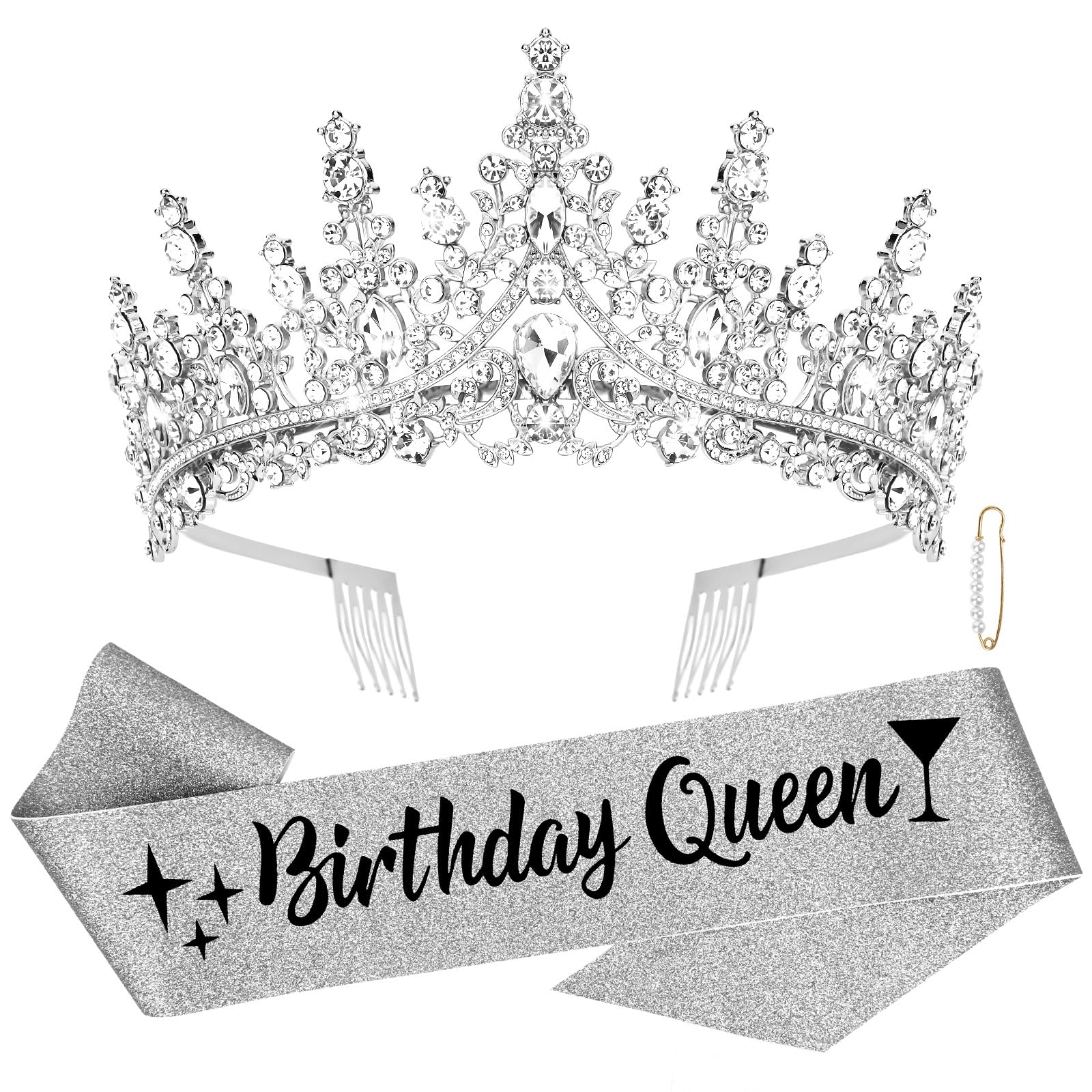 Elegant Silver Birthday Queen Sash & Crystal Crown Set for Women & Girls - Perfect for Princess Parties, Adult Birthdays & Special Celebrations - Ideal Birthday Gift & Party Decoration