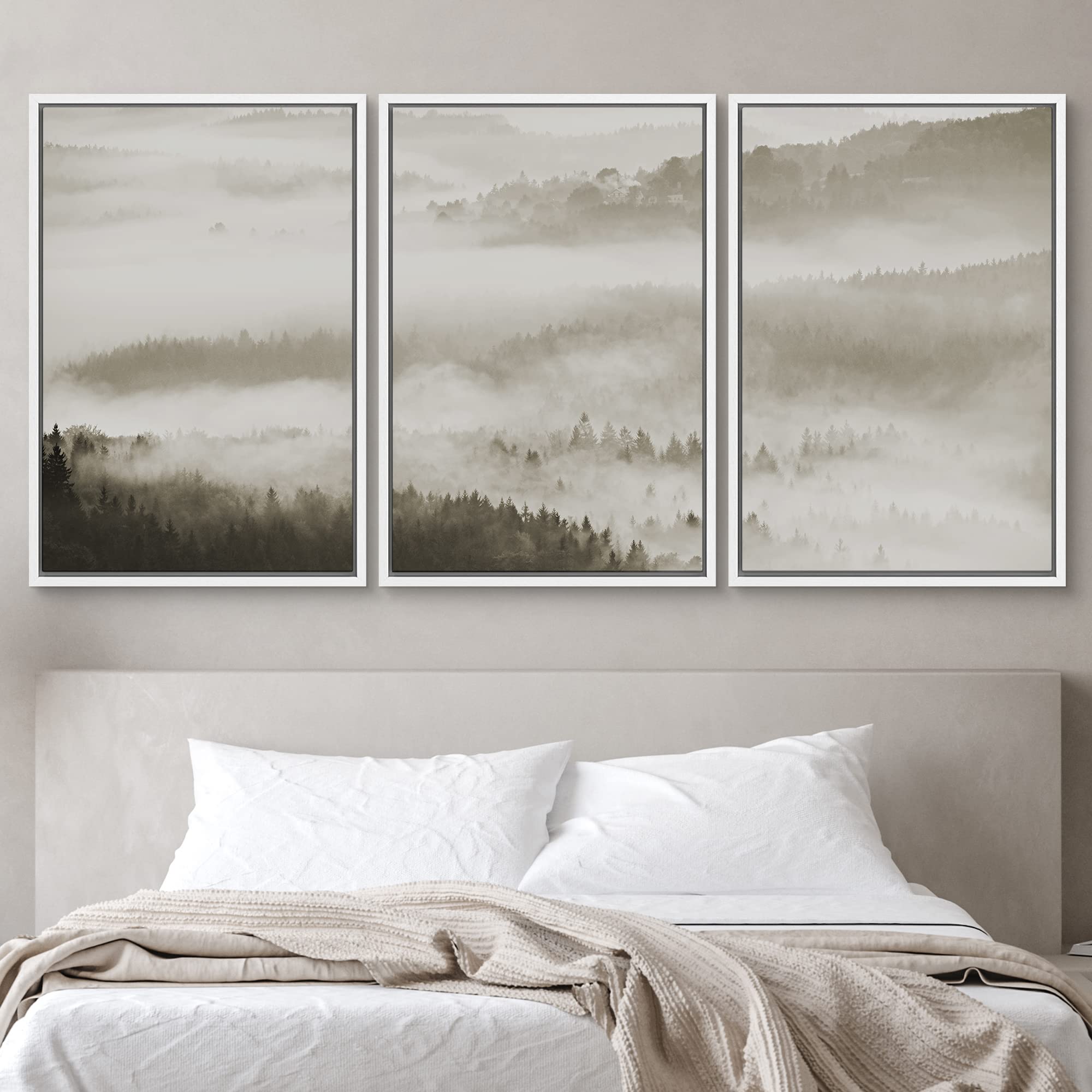 Framed Canvas Wall Art - Woodland Nursery Decor Set, Black & White Misty Mountain Nature Landscape, Modern Rustic Print for Living Room, Bedroom, Office - 24x36 Inches - Perfect for Home Decor, Housewarming Gifts & Interior Design
