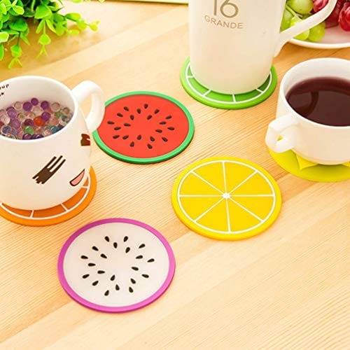 7 Pcs Non-Slip Silicone Fruit Coasters - Heat Resistant Drink Mats for Coffee, Wine & Beer - Cute Slice Design for Bar, Kitchen, Patio & Dining Table Decor