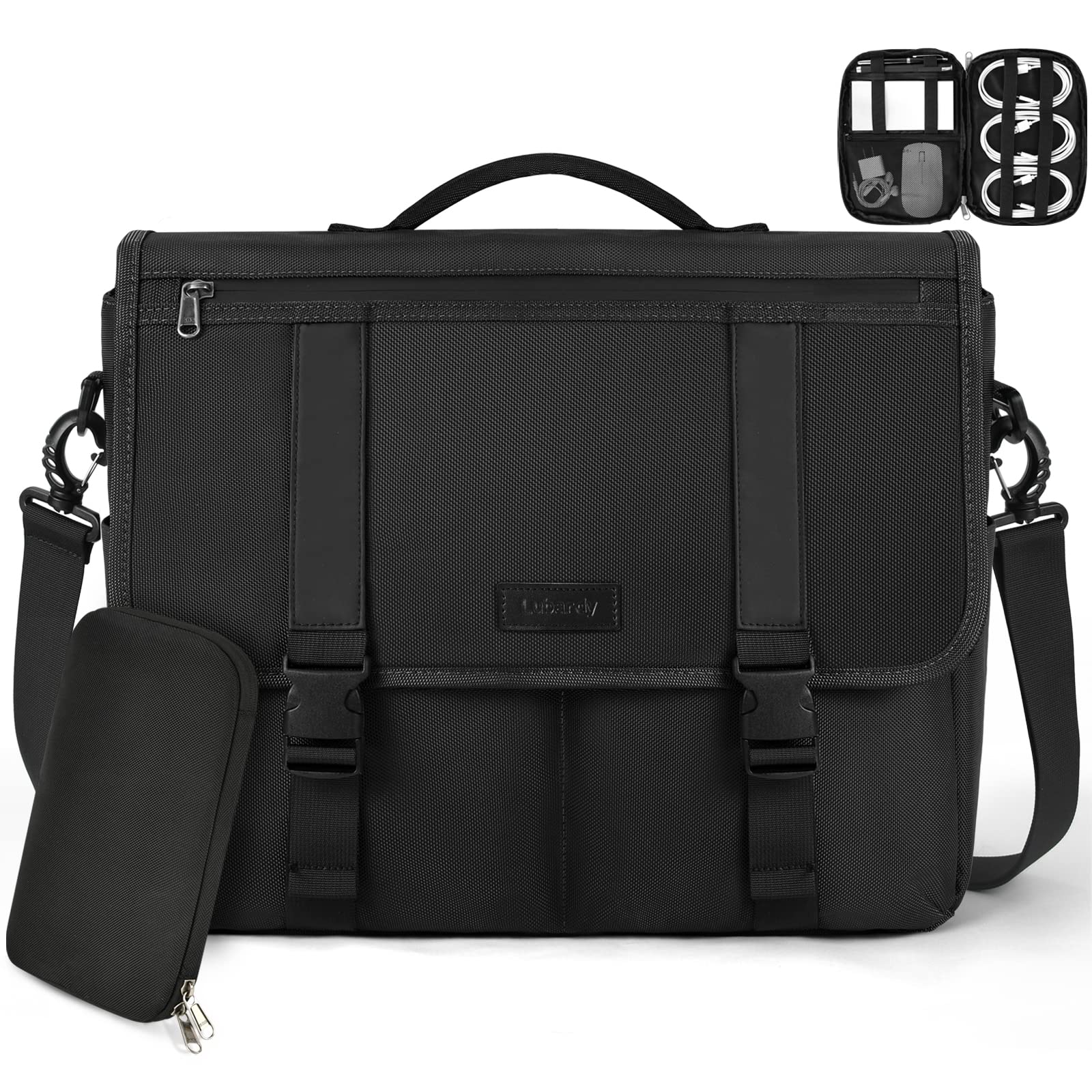 15.6 Inch Waterproof Laptop Messenger Bag - Large Durable Satchel Shoulder Briefcase for Office, Travel, Business, and School with Cable Organizer Set (2pcs, Black)