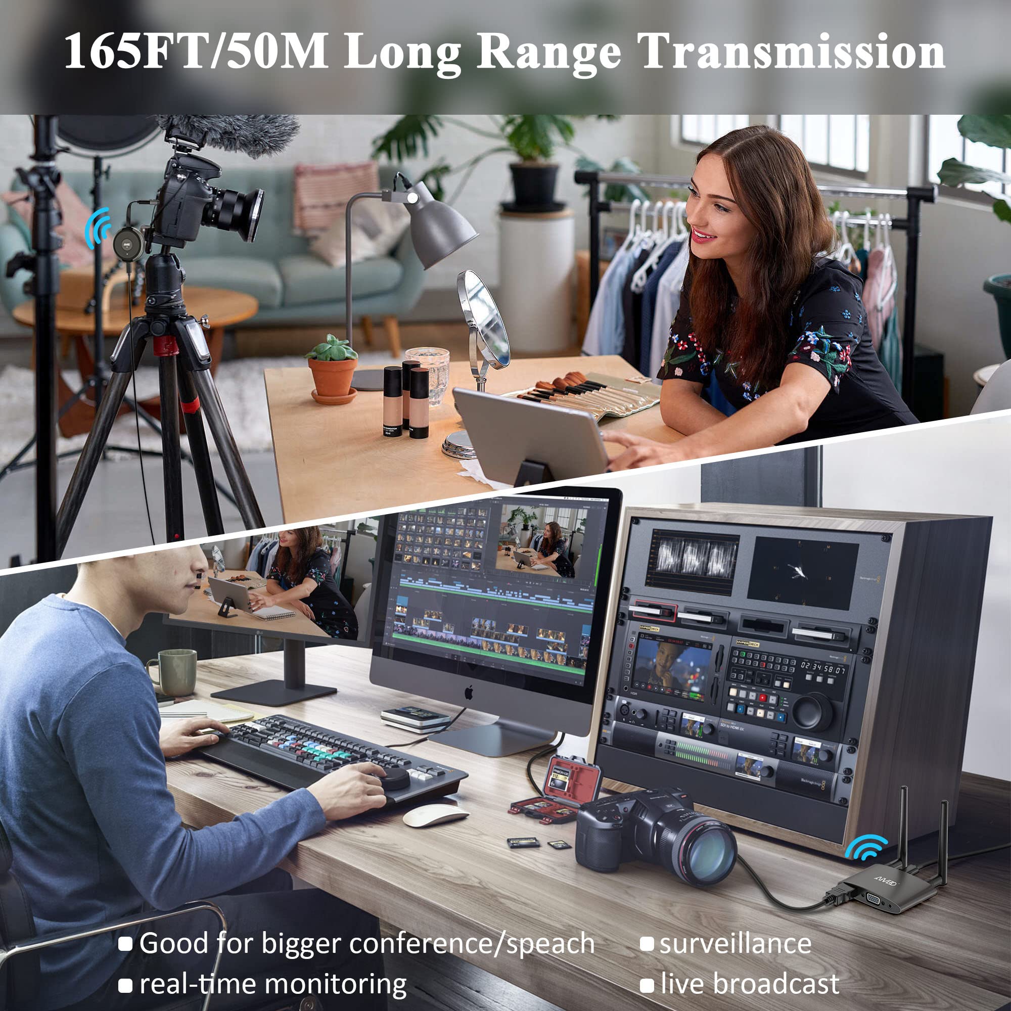 Wireless HDMI Transmitter and Receiver - 5GHz HDR Dual Screen HDMI/VGA Casting for Laptop/PC/Camera/Cable Box to HDTV/Projector/Monitor - 165FT Range for Streaming TikTok/YouTube/Netflix - Perfect for Home Theater, Gaming & Office Presentations