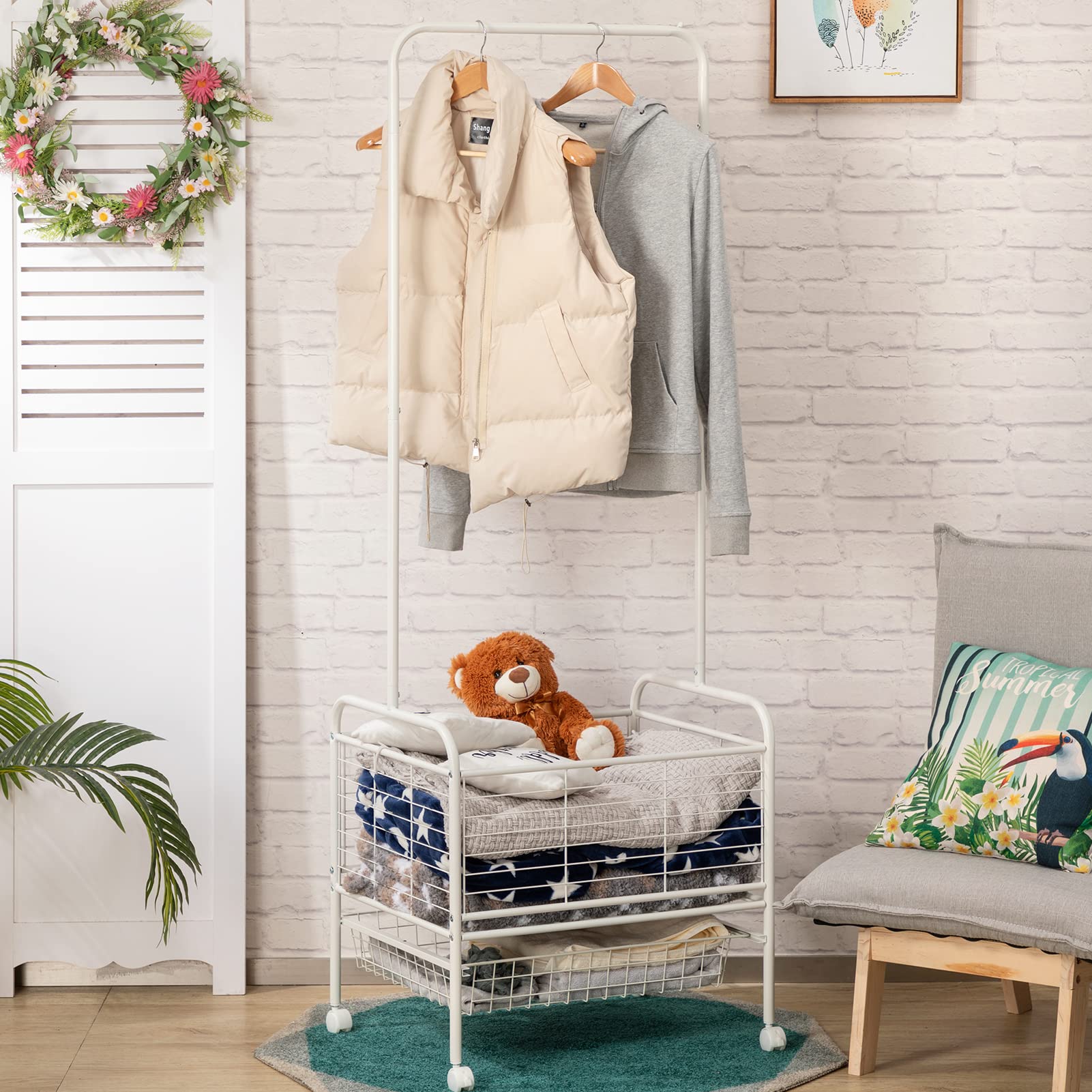 DOEWORKS Large Metal Laundry Cart with Storage Basket & Wheels - 3-Tier Garment Organizer Rack for Bedroom, Laundry Room & Bathroom - White Space-Saving Clothes Sorter for Home, Dorm & Apartment