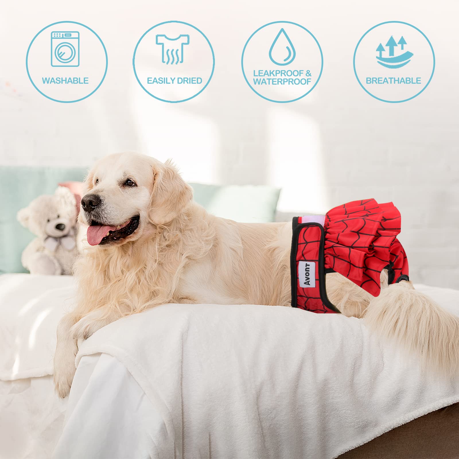 Avont 3 Pack Washable Female Dog Diapers - Reusable Pet Diapers for Heat Cycle & Incontinence (XS/6-8.5