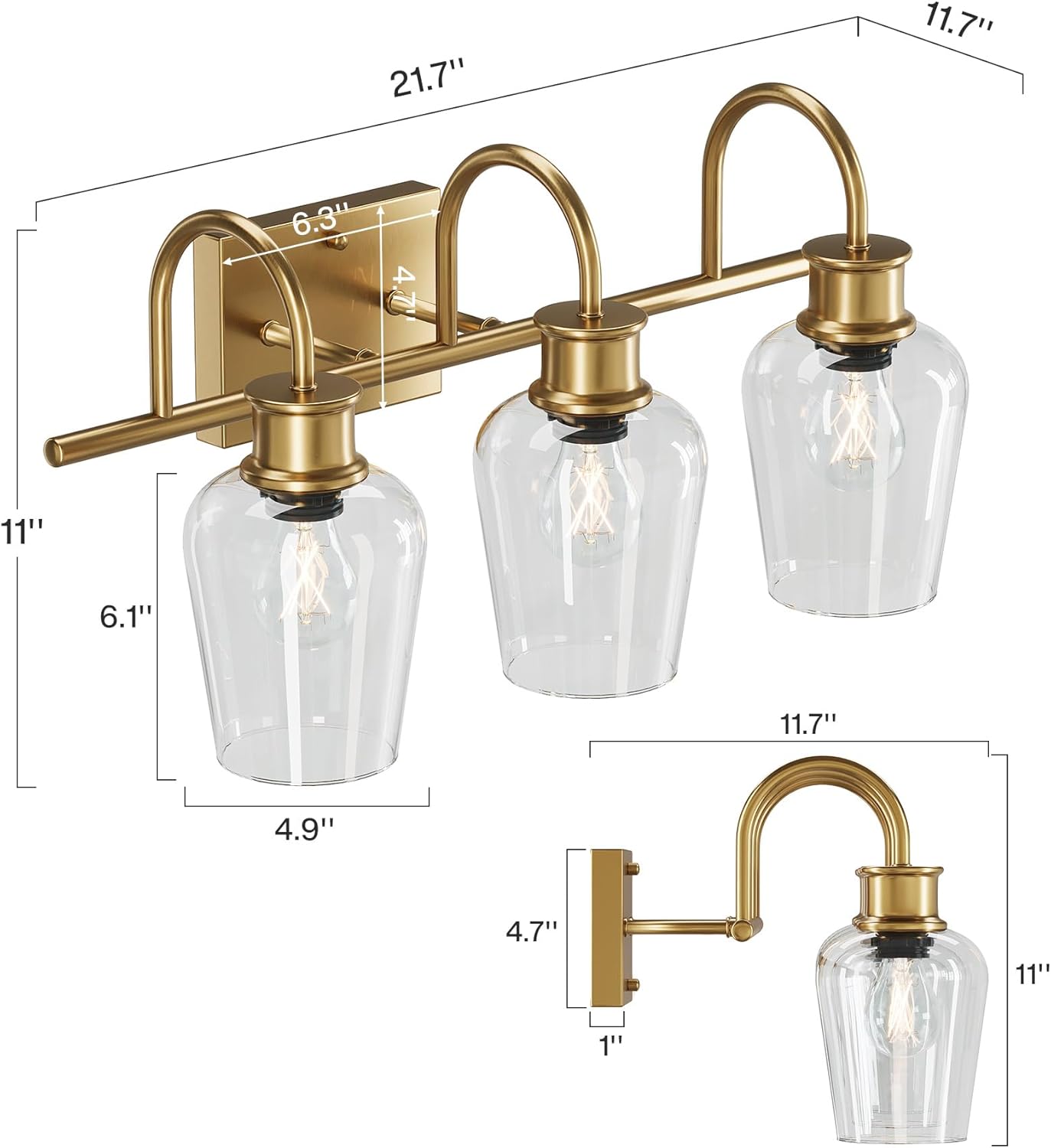 3-Light Vanity Light Fixture with Clear Glass Shade - Modern Bathroom Lighting for Mirror, Makeup Area & Dressing Room