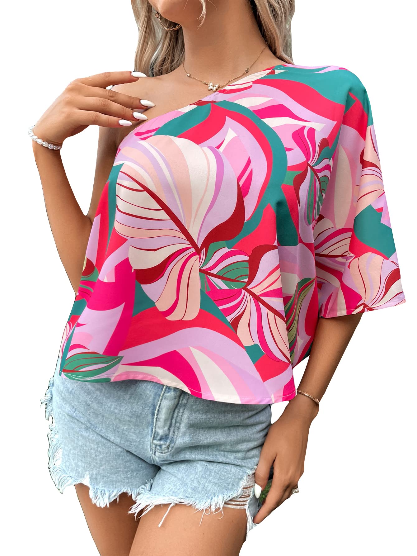 Milumia Women's Boho Floral Print One Shoulder Blouse - Dolman Sleeve Tunic Top for Summer Beach Vacation & Date Night Outfits