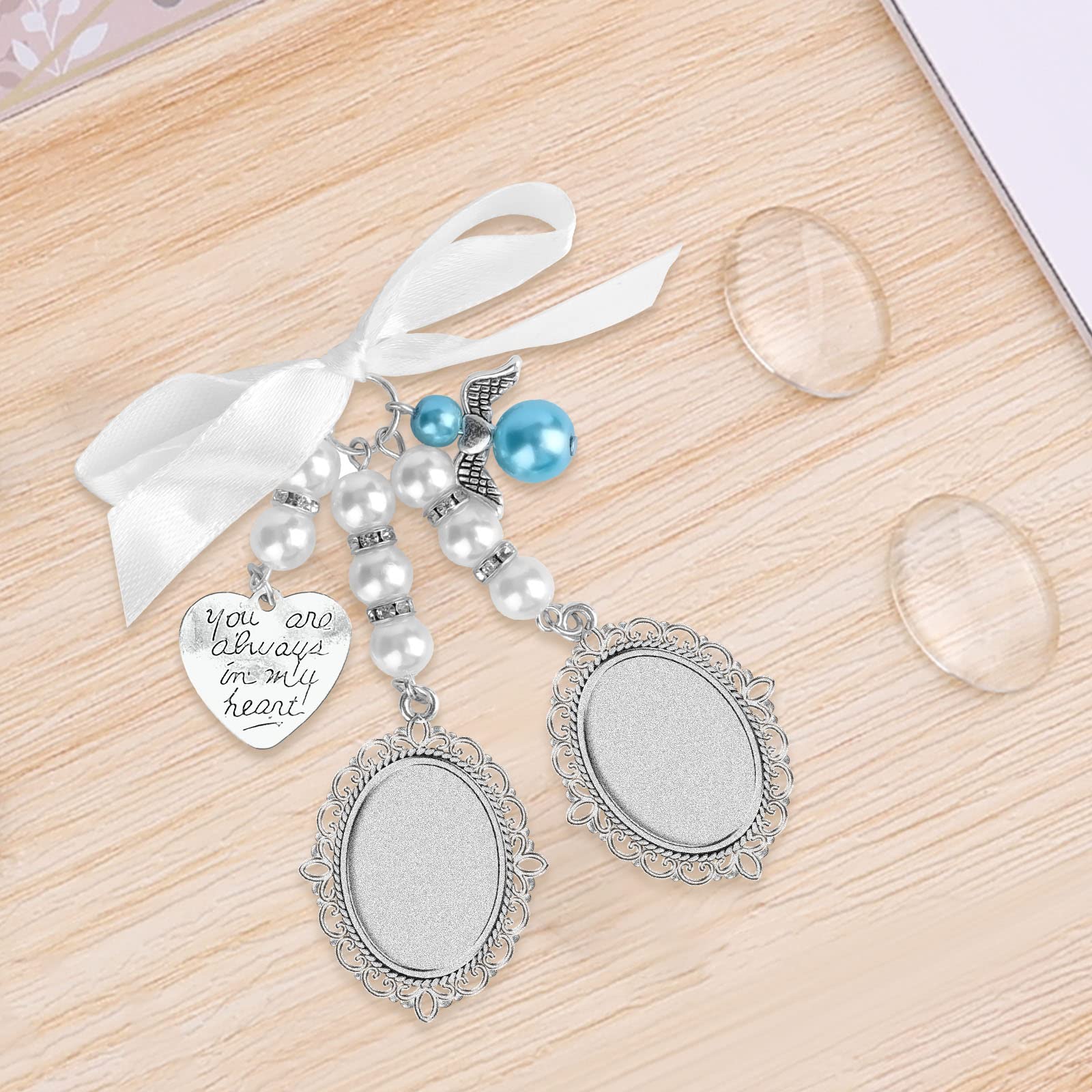 SAVITA 1pc Wedding Bouquet Photo Charm with 2pcs Oval Glass Cabochons - Elegant Bridal Bouquet Charm Holder Picture Frame with Bow-Knot Pearl Rhinestone Heart Pendant for Bridal Shower, Wedding Keepsake & Photo Jewelry - Perfect for Bridal Accessories, Wedding Gifts & Memory Preservation