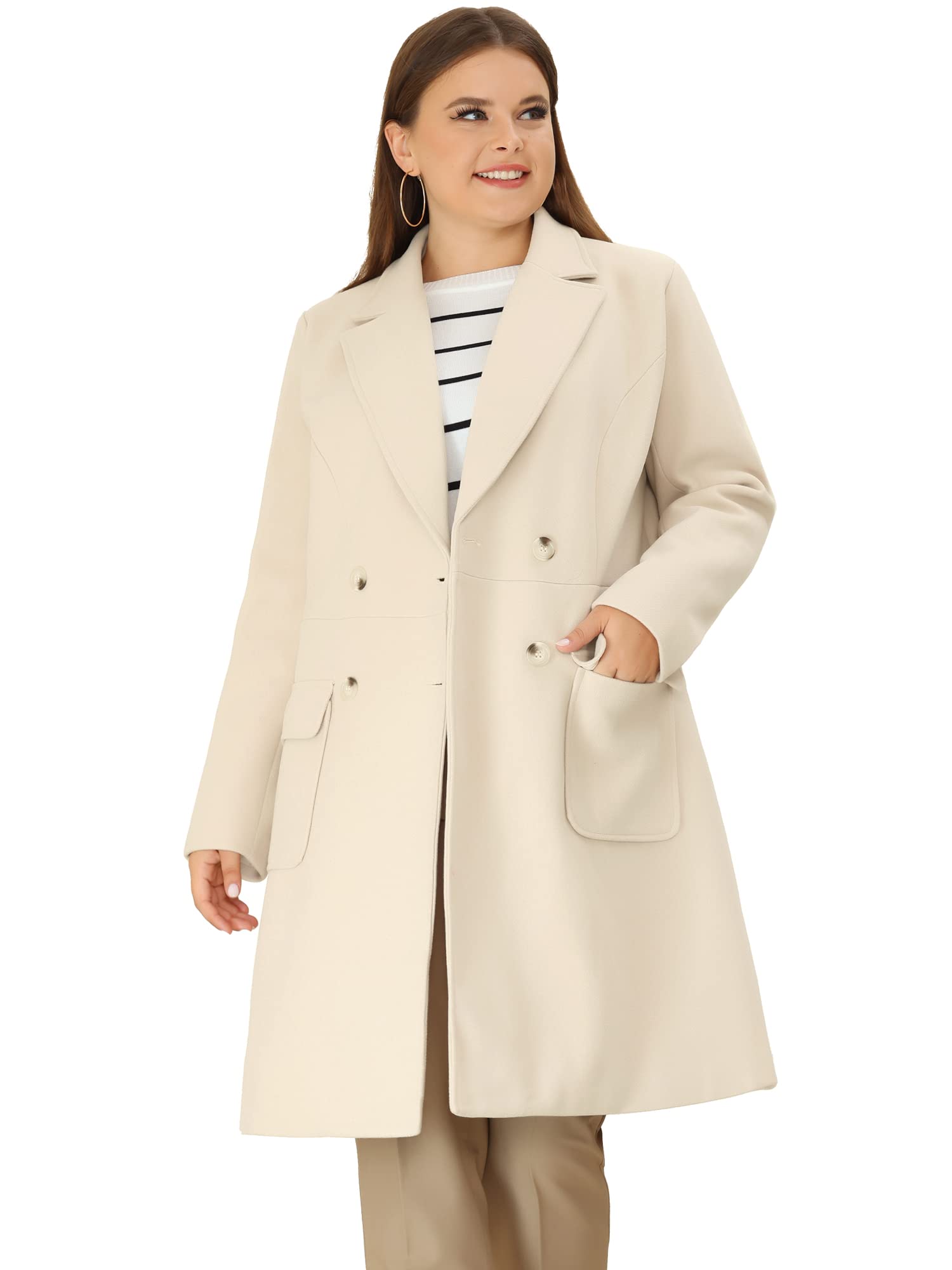 Agnes Orinda Women's Plus Size Long Winter Coat - Notch Lapel Double Breasted Pea Trench Coat for Cold Weather | Office, Travel & Outdoor Winter Wear
