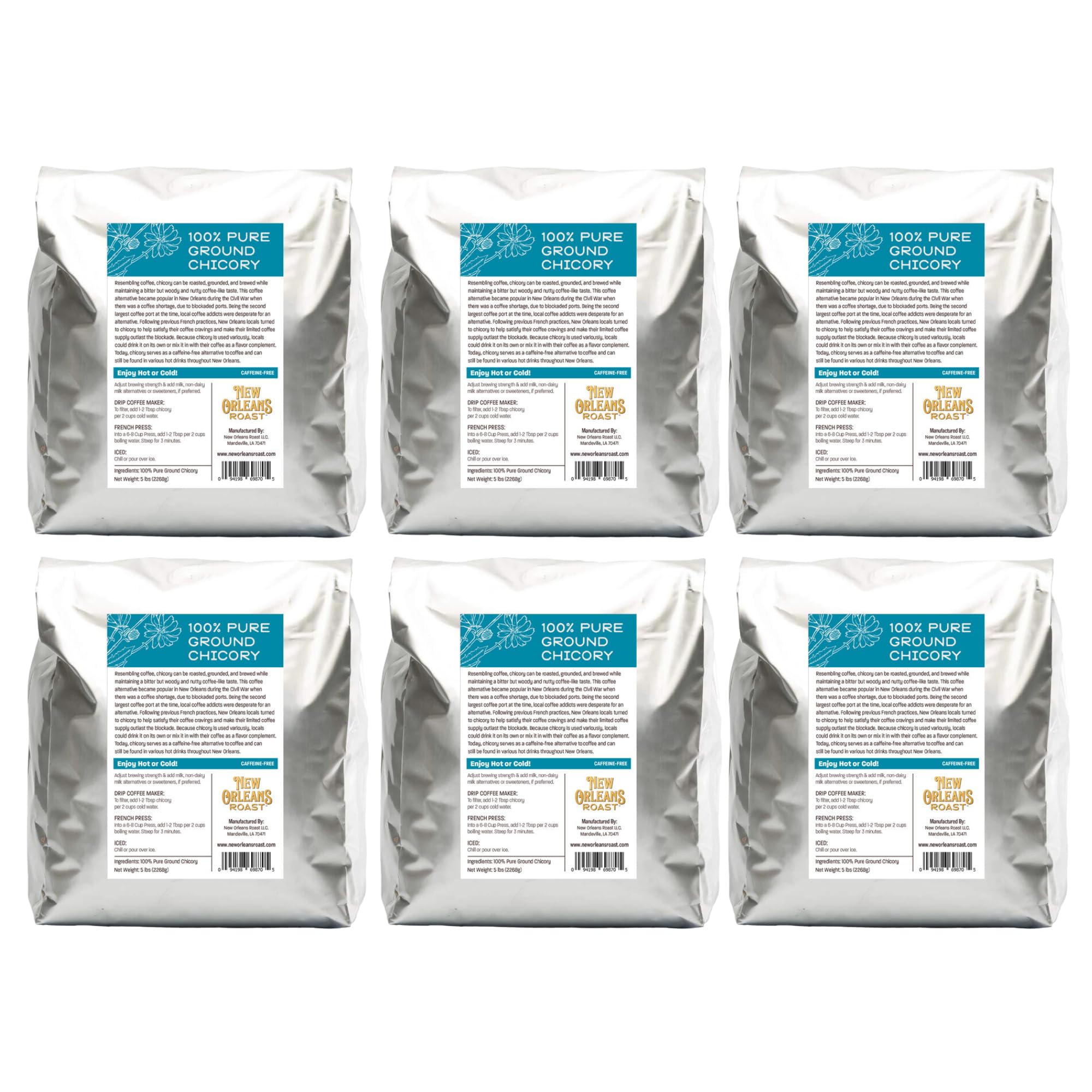 Organic New Orleans Style Dark Roast French Chicory Root - 5lb Bulk Bag (Pack of 6) | Caffeine-Free Coffee Alternative | Acid-Free, Keto-Friendly | Perfect for Brewing Like Coffee, Blending with Coffee or as Standalone Herbal Tea | Ideal for Morning Rituals, Afternoon Pick-Me-Ups & Evening Relaxation