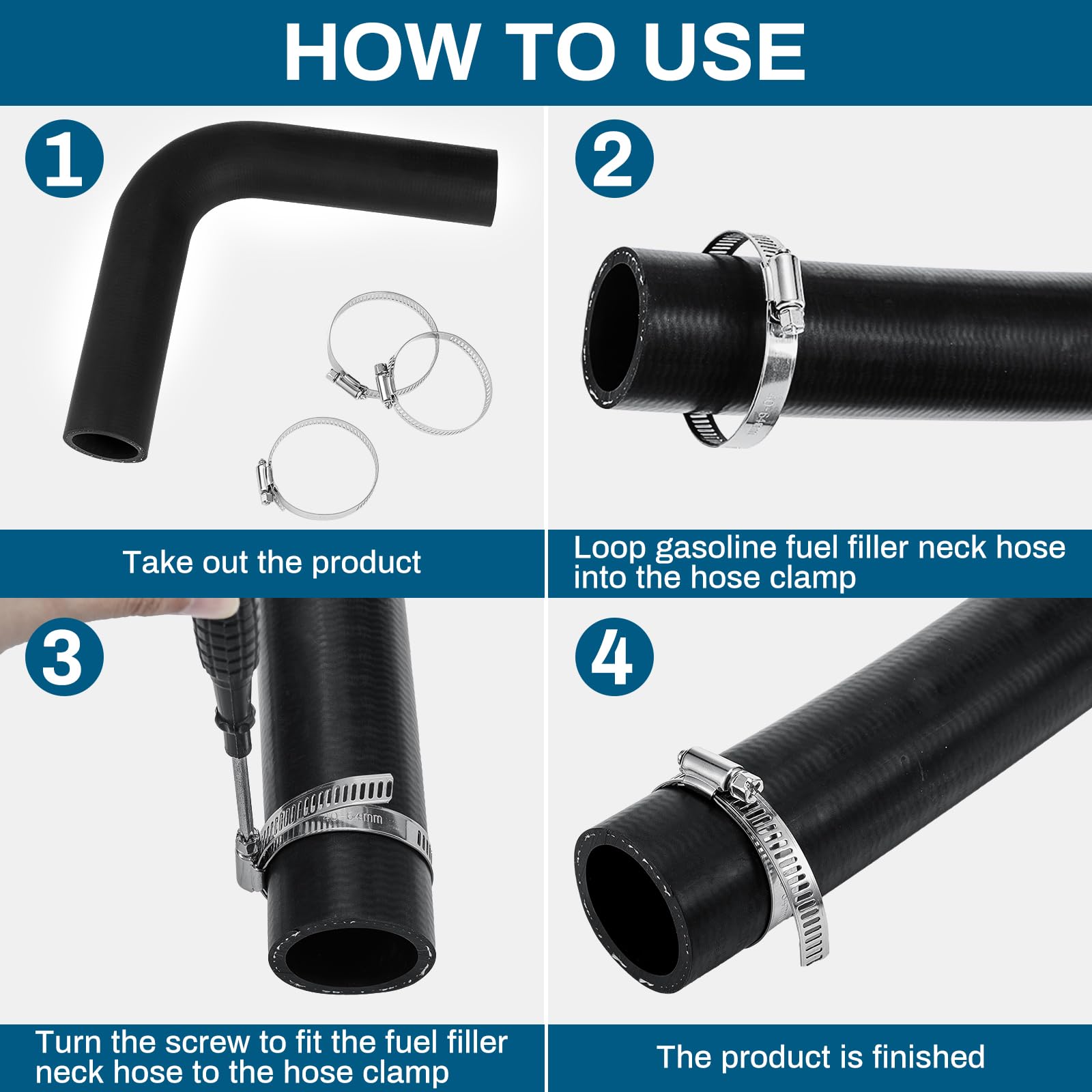 Frienda 2-Pack 15 7/8 Inch Reinforced Gasoline Fuel Filler Neck Hose with 8 Hose Clamps - 1.5 Inch 90 Degree Bend for Fuel Tank & Vent Pipe - Perfect for Automotive, Marine & RV Fuel System Repairs