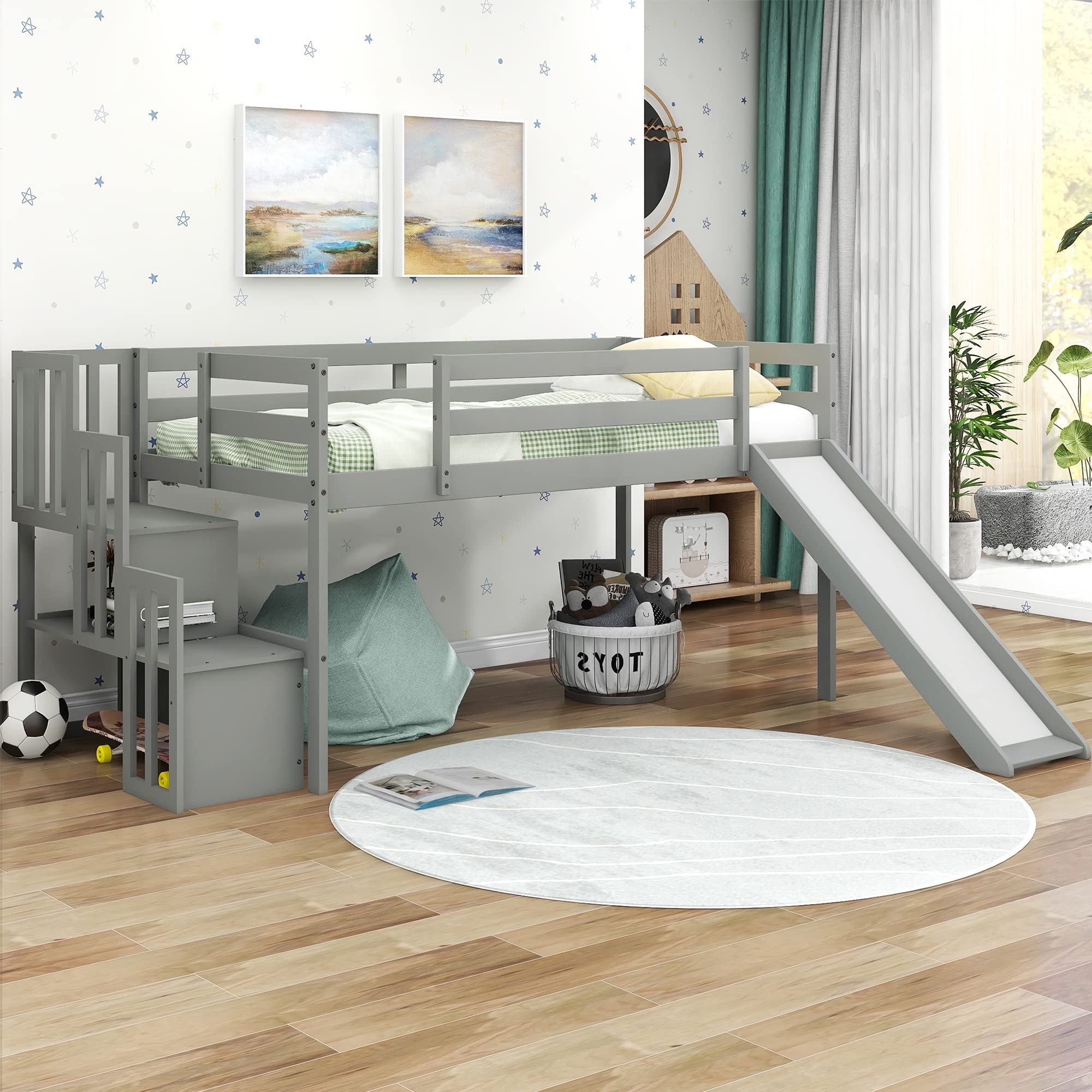 Twin Loft Bed with Slide and Stairs - Low Loft Bed Frame with Storage Shelves for Kids - Space-Saving Bedroom Furniture for Boys & Girls - No Box Spring Needed - Grey - Perfect for Small Rooms, Play Areas & Sleepovers